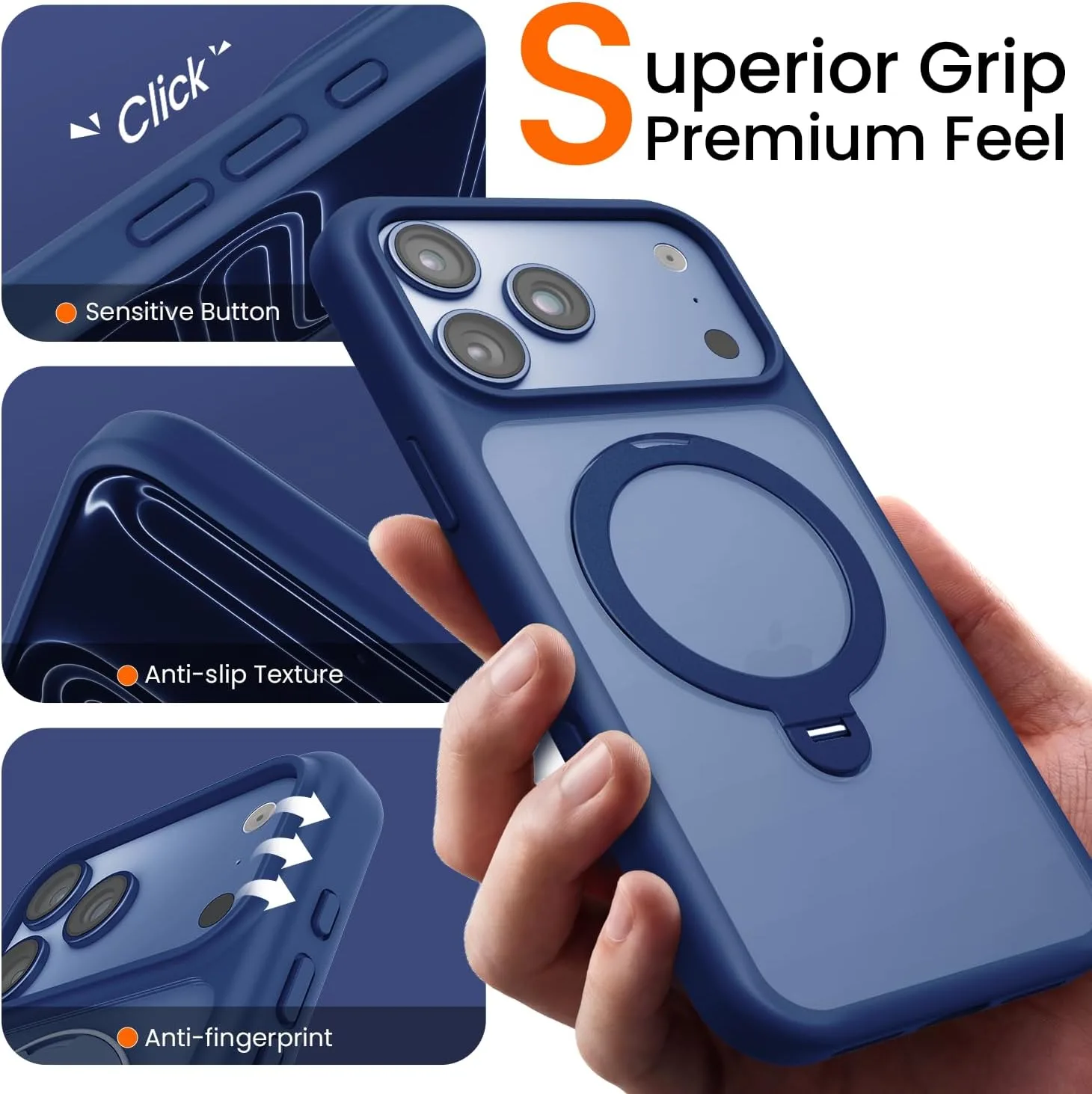 Mkeke for iPhone 18 Pro Max/17 Pro Max Case Blue [360 Spin Magnetic Stand]