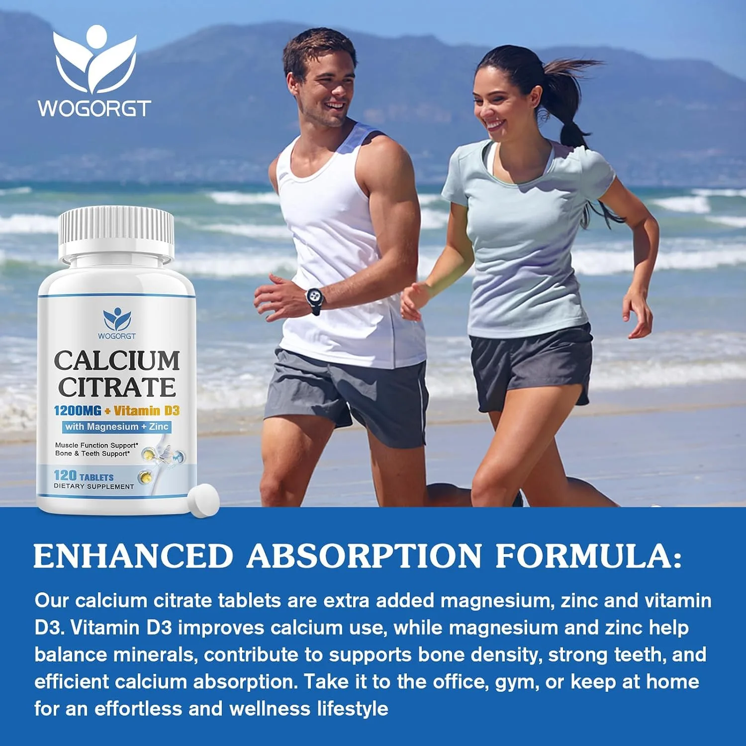 Calcium Citrate 1200mg Supplement with Vitamin D3 for Women & Men, 120Ct