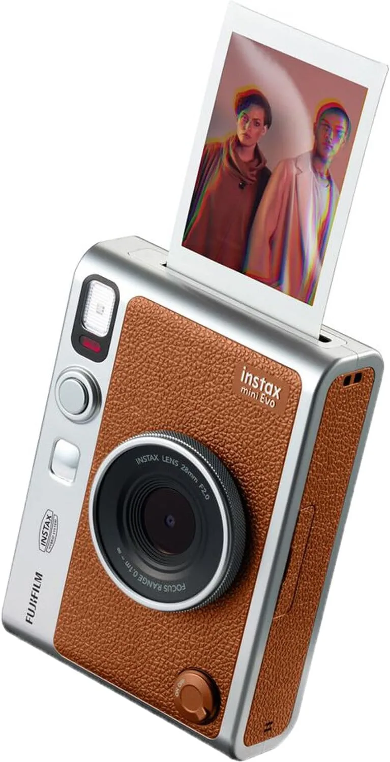 FUJIFILM INSTAX Mini EVO Hybrid Instant Camera + Fuji Instax Film 20 Sheet + Custom Case & Album 32GB Accessory Bundle (Brown)