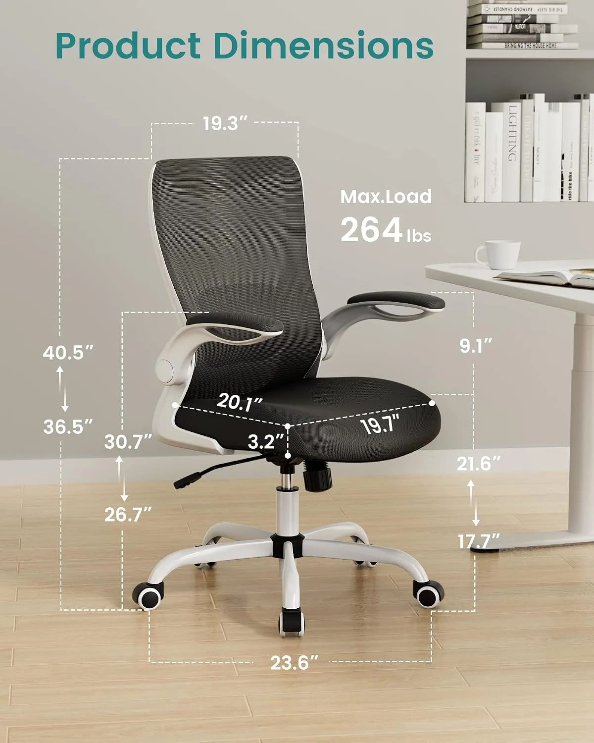MUXX.STIL Office Chair, Ergonomic Desk Chair with Adjustable Lumbar Support and Flip up Armrest, Breathable Mesh Computer Chair for Home Office, White