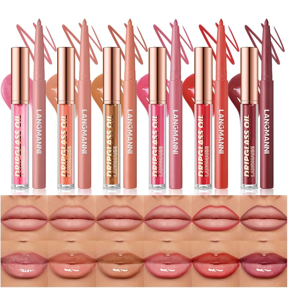 12Pcs Lip Liner and Gloss Set, Hydrating Lip Oil Combo Set, Tinted Plumping