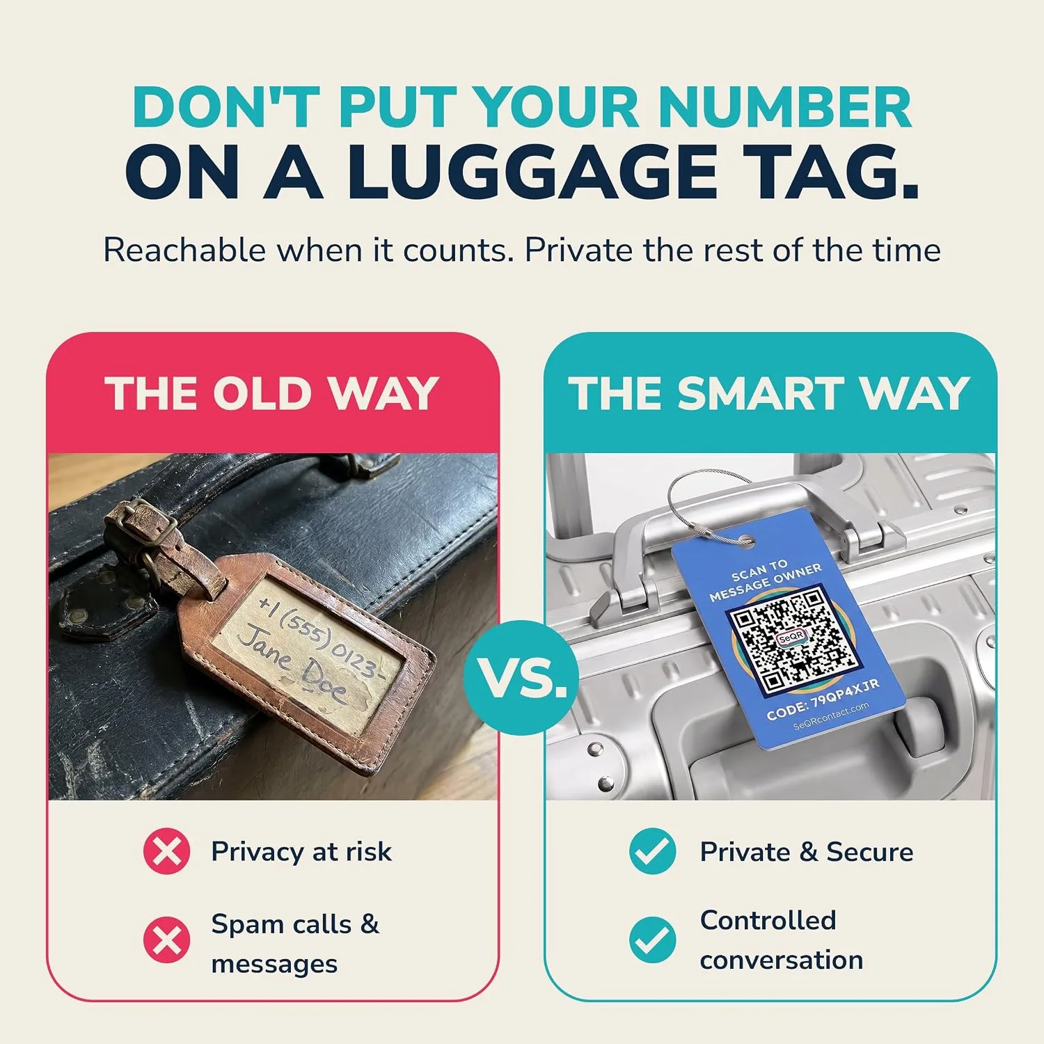Smart Luggage Tag - Privacy QR Code Tags for Travel Suitcases, 2 Pack Blue