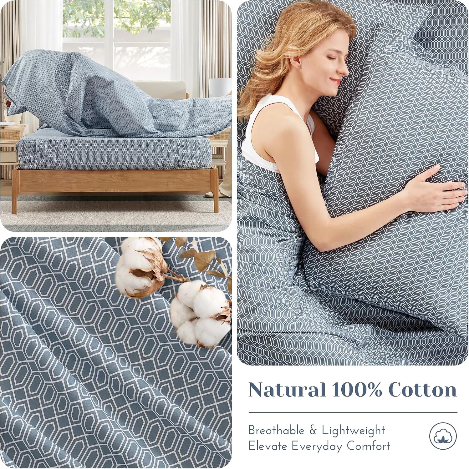 Comfort Spaces 100% Cotton Percale Sheets Queen Size 4 Piece, Diamond Blue