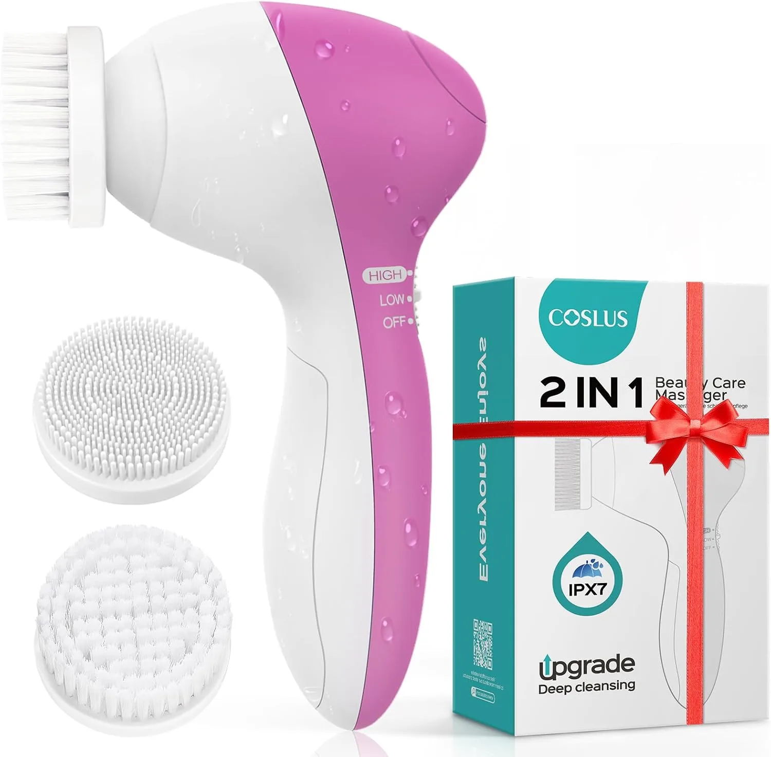 COSLUS Facial Cleansing Brush Face Scrubber, Standard Set, Bright Rose
