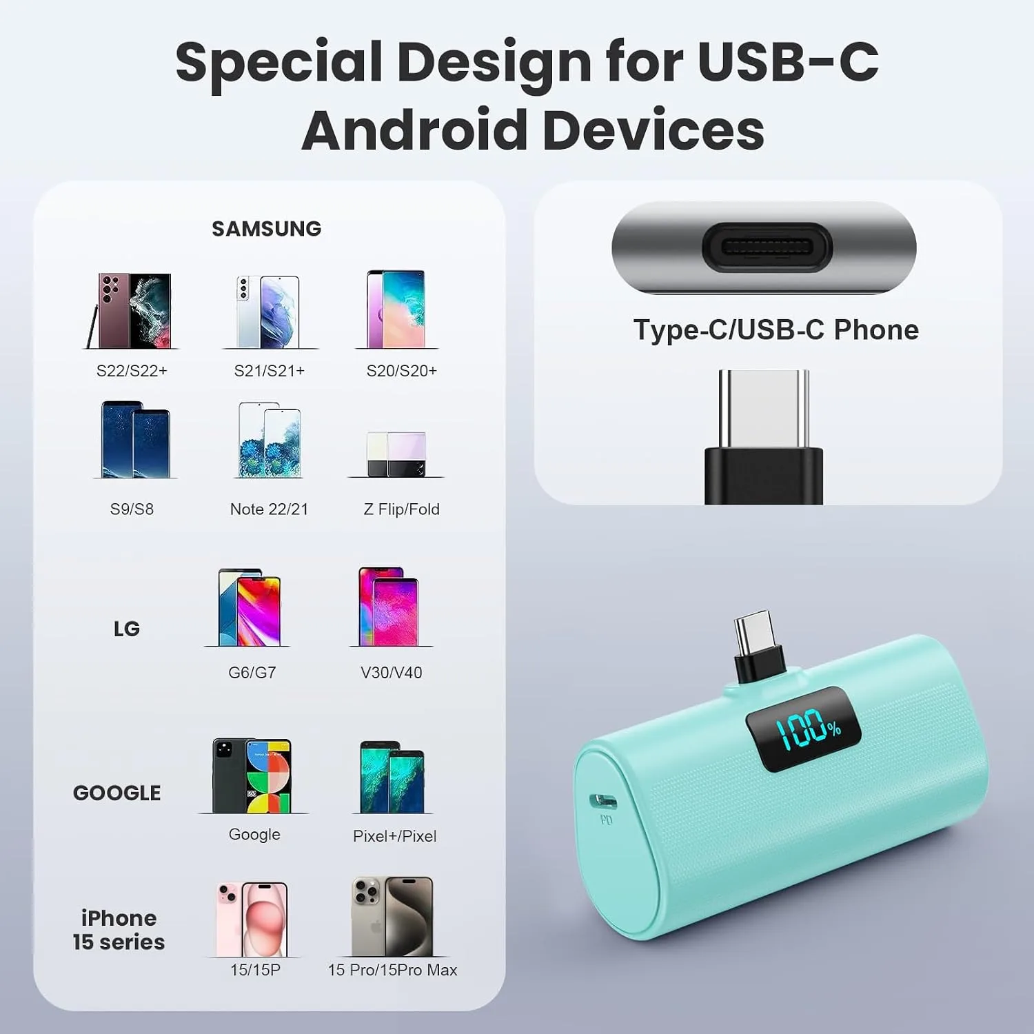 [2-Pack]Portable Charger for iPhone 16/15 Series,5200mAh PD USB C Power Bank Built-in USB-C Connector,Battery Pack Compatible with iPhone 16/16 Plus/16 Pro/16 Pro Max/15 Series,Android (Blue+Green)