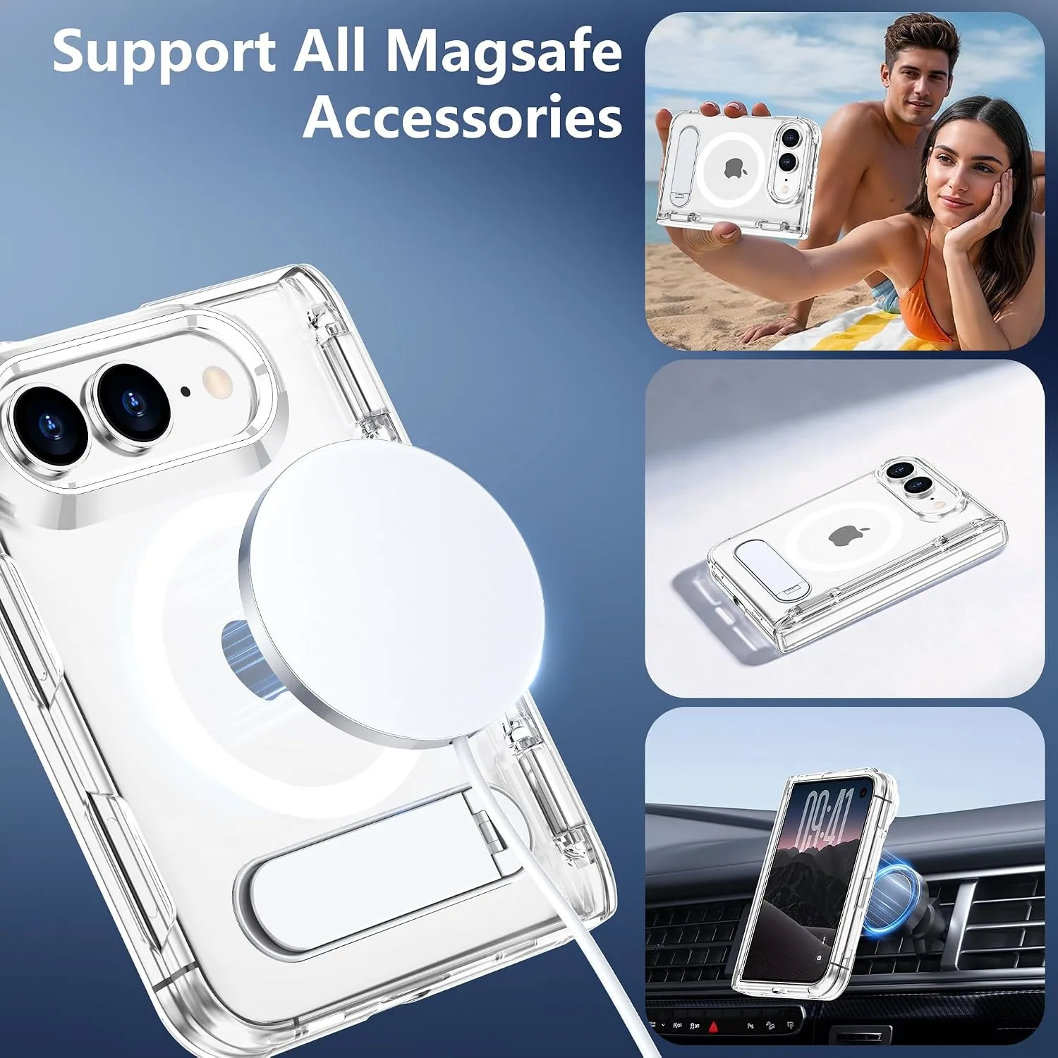 Magnetic for iPhone Duo Case Clear with Stand & Screen Protector,Anti Slip