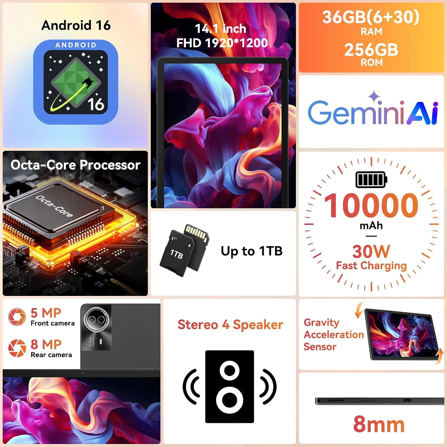 URAO Tablet｜14 inch Android 16 Tablet｜36GB RAM 256GB ROM ｜1920 * 1200 IPS FHD｜10000mAh 30W Fast Charging｜Octa-core Processor｜Wi-Fi 6, BT 5.4｜Dual Camera with Gemini AI｜Keyboard｜Stylus｜Case｜Headphone