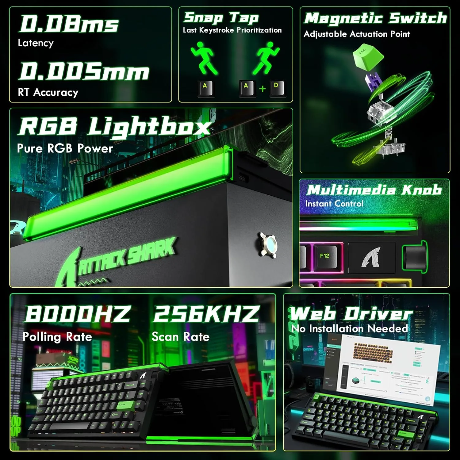 ATTACK SHARK R85HE Wired 75% RT Mechanical RGB Gaming Keyboard-Black Green