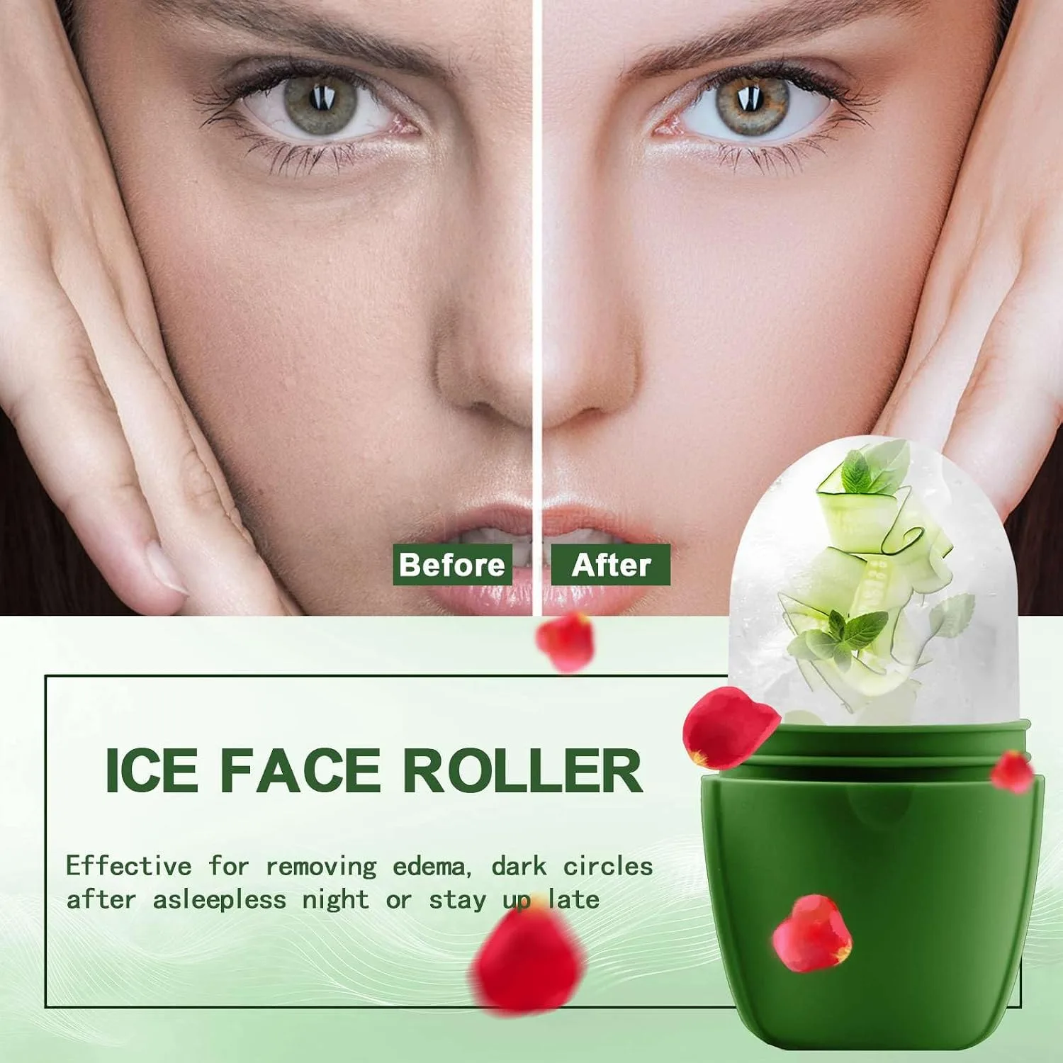 XHJRI Ice Face Roller Massager,Ice Cube Roller for Face, Eyes and Neck Naturally Conditioning and Skin Care,De-Puff Eye Bags,Reduce Migraine Pain,Reusable Massage Silicone Ice Mold (New Green)