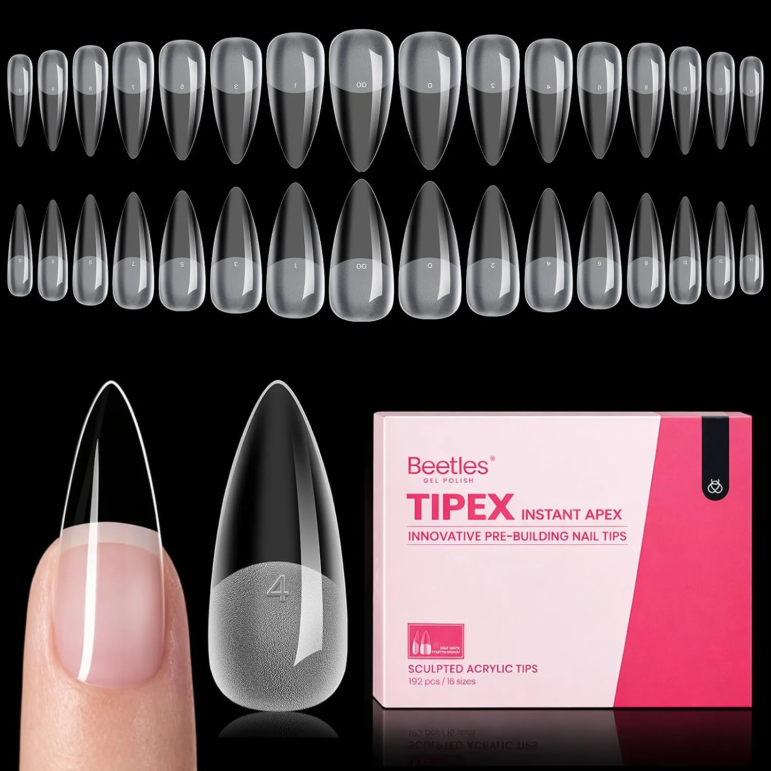 Tips para uñas Beetles Tipex Apex Stiletto Mediano 192 unidades 16 tamaños