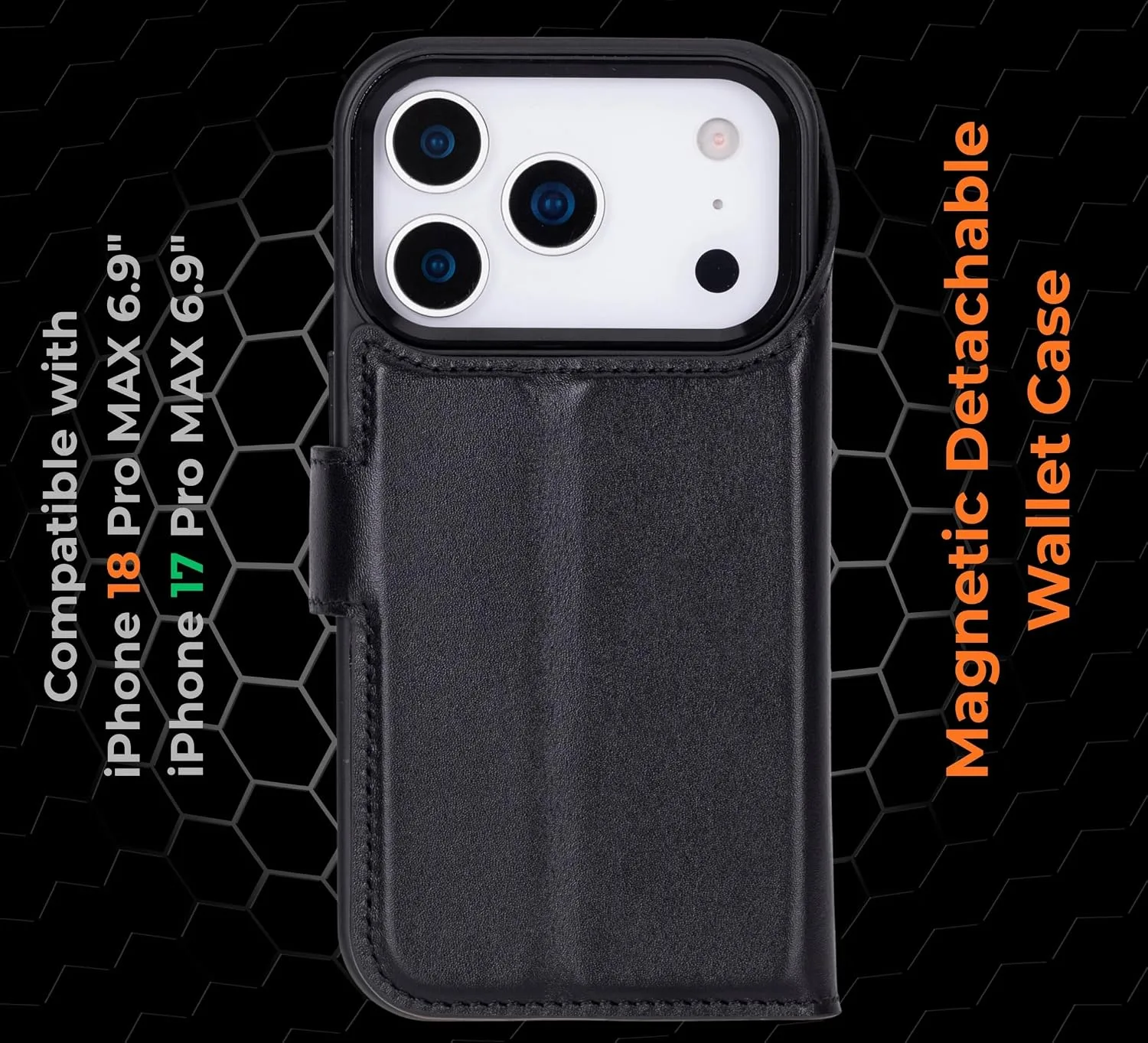 VENOULT Wallet Case for iPhone, Full Grain Genuine Turkish Leather, Magnetic Detachable, RFID 4 Card Slots, Business Style, Compatible with MagSafe (Rustic Black, iPhone 17 Pro MAX)