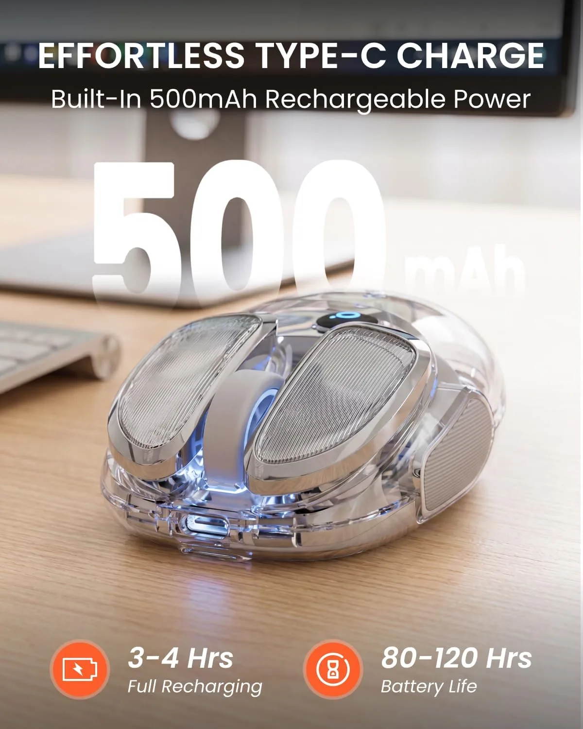 Wireless Bluetooth Mouse, Rechargeable, Clear, Silent Click for Small Hand