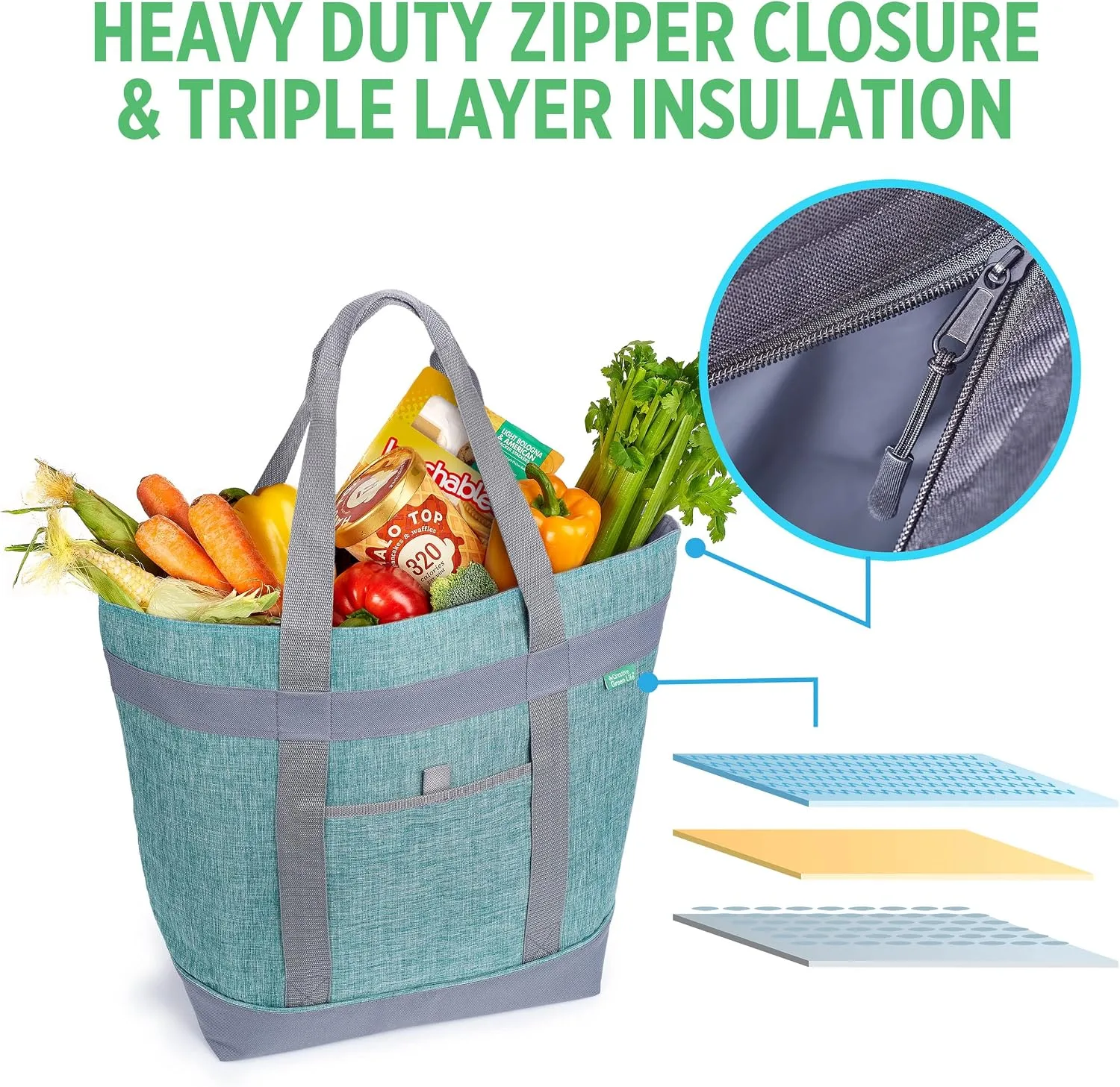 Jumbo Insulated Cooler Bag - Heavy Duty Soft Insulated Grocery Bag (Green)