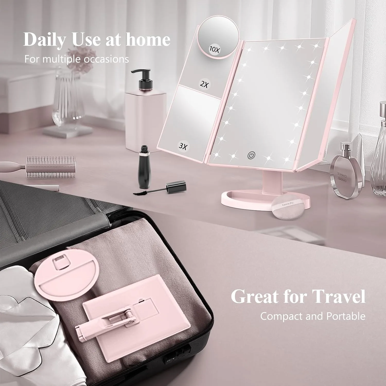 HUONUL 2X/3X/10X Magnifying Vanity Mirror with Light, Trifold Makeup Mirror