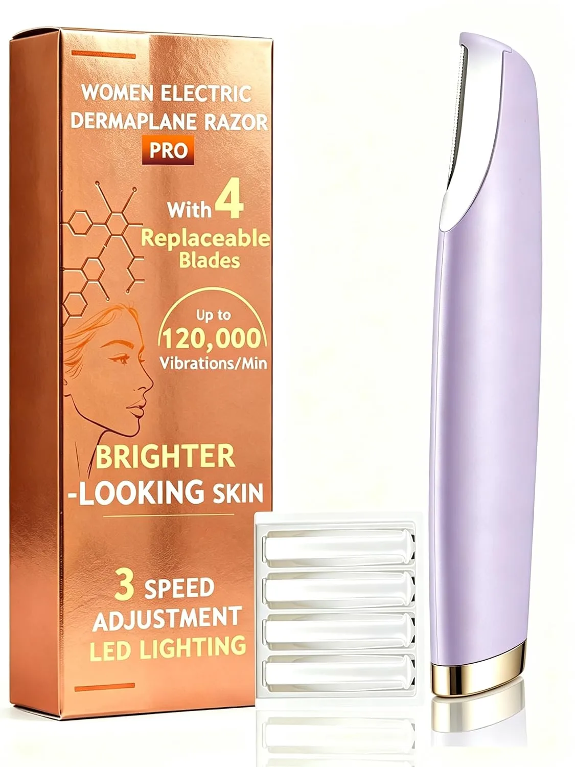 Dermaplane Razor for Women Face |Sonic Facial Hair Remover with LED Light, Electric Peach Fuzz Remover & Facial Exfoliation Tool for Smooth-Looking Skin, Eyebrow Grooming, 4 Replacement Blades,Purple