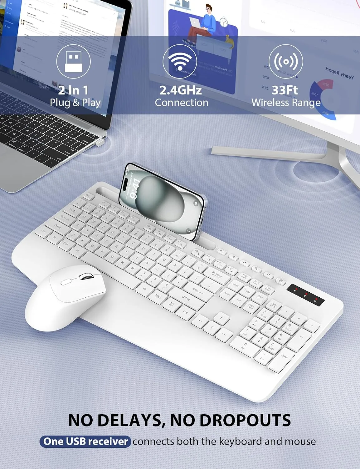 Wireless Keyboard and Mouse Combo - Full-Sized, Ergonomic Wrist Rest