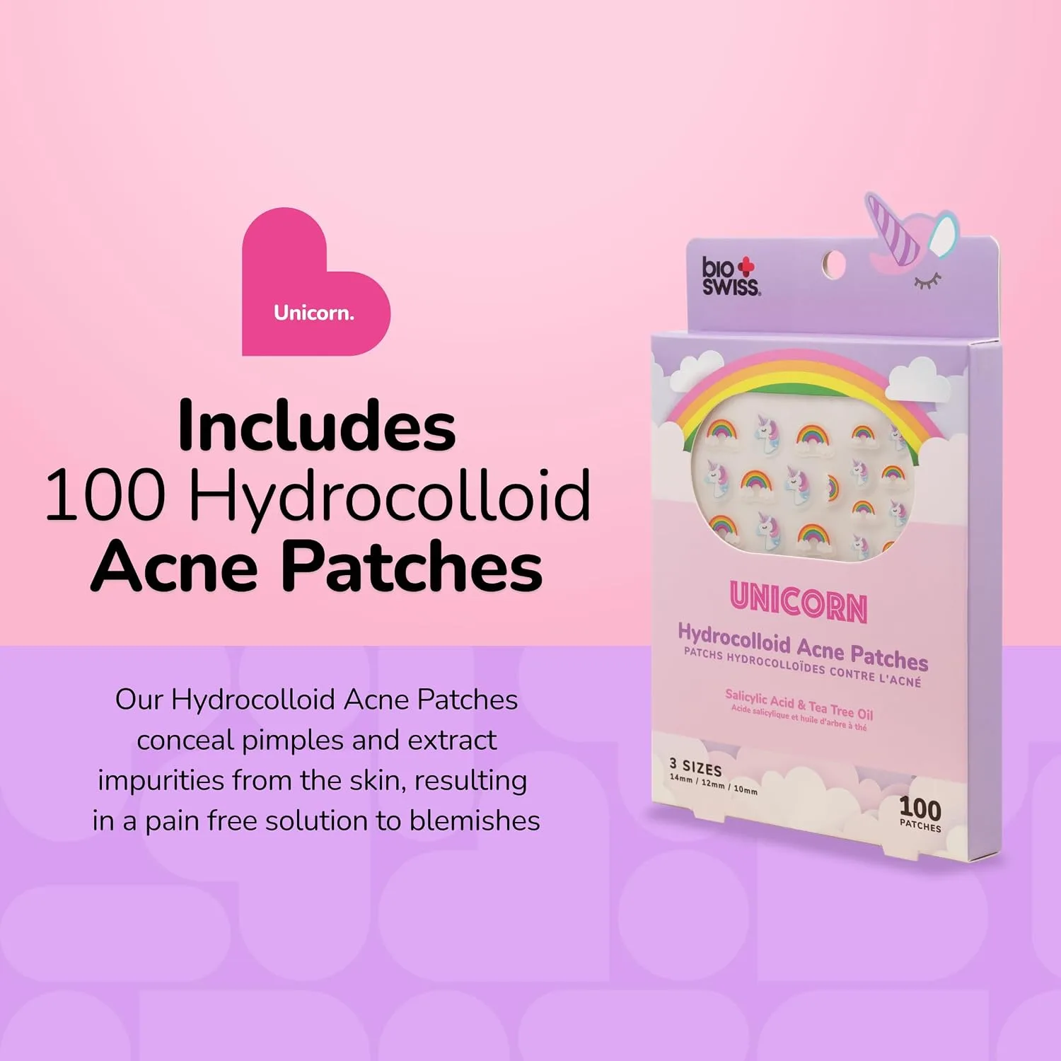 BioSwiss Pimple Patches, Rainbow Unicorn Patch for Zits and Blemishes, Hydrocolloid Spot Stickers for Face and Skin, 100 Count