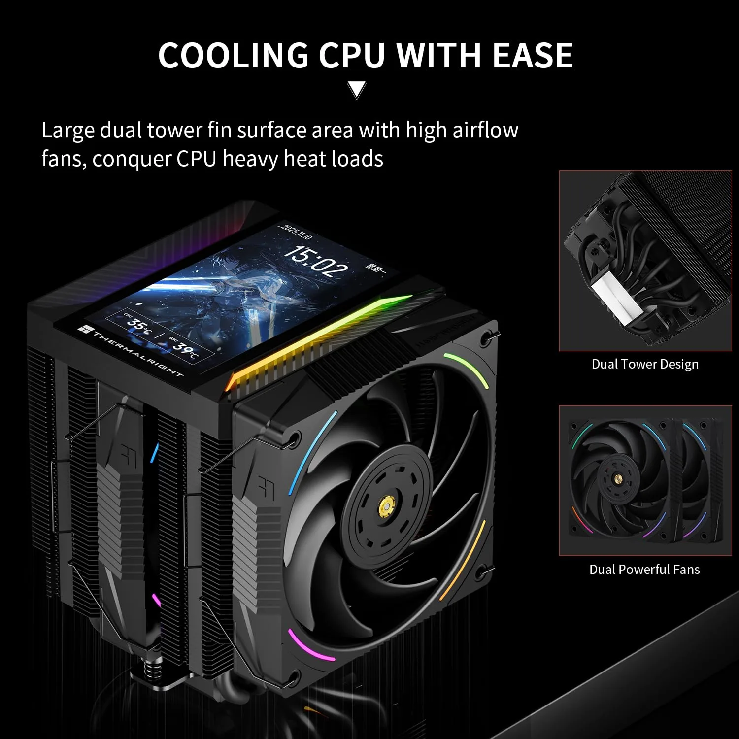 Thermalright TR Peerless Assassin 120 Vision MAX ARGB Black CPU Air Cooler, Twin Tower Radiator 2150RPM,480x854 Resolving Power IPS Screen with 5’’,Computer Cooler for Intel lga1851/1700/115x,AM4/AM5