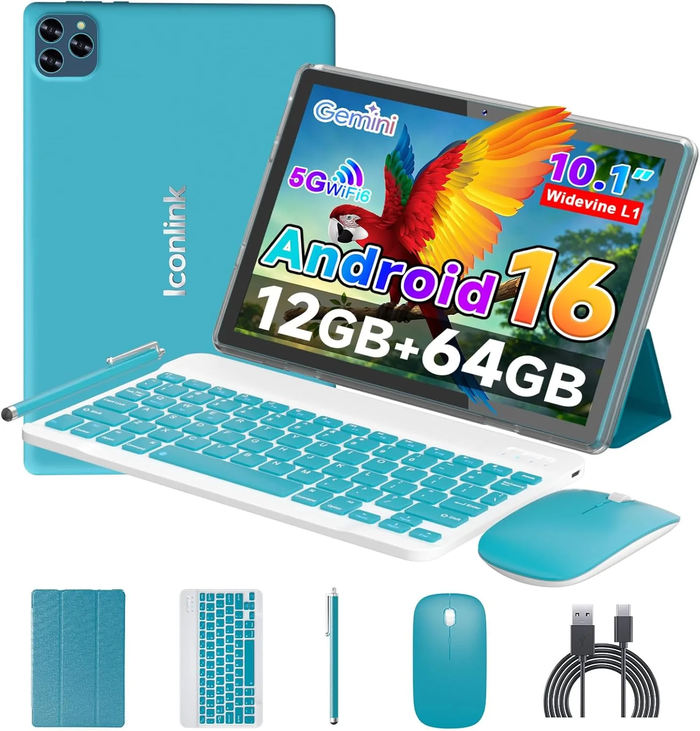 Android 16 Tablet 10 Inch, 12(3+9) GB RAM+64GB ROM, 2 in 1 Tablets with Keyboard Case Mouse Stylus, 2.0GHz Five-core Processor, 1280 * 800 IPS HD Screen, 5G WiFi6 BT 5.3 Tableta PC