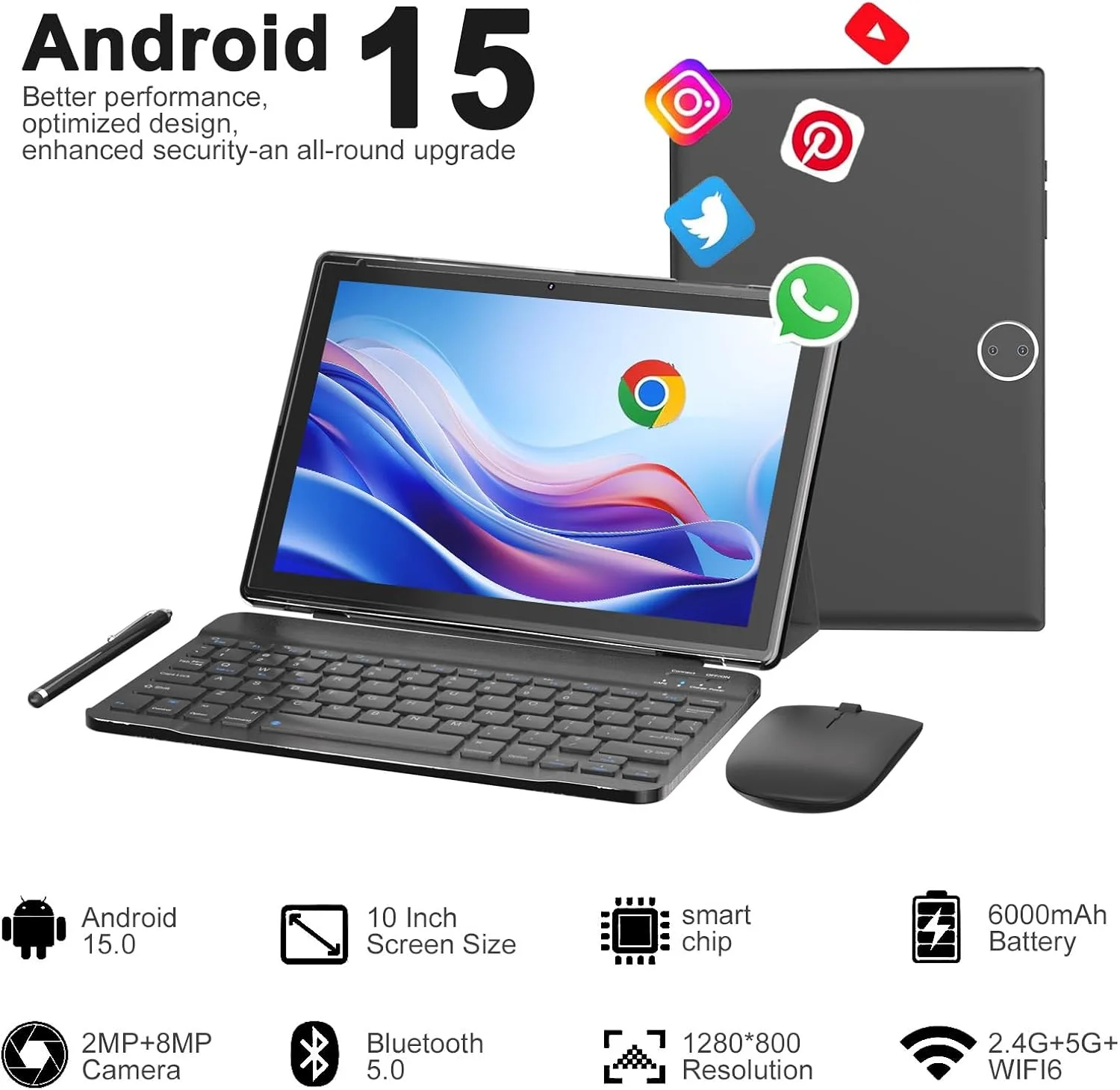 BYANDBY Android 14, 2 in 1 Tablet with Keyboard, 10 inch Tablets, 8GB+64GB/1TB Expand, 2.4G+5G+Wi-Fi 6, Dual Camera, 6000 mAh, BT, GMS, Games, with Case (Black)