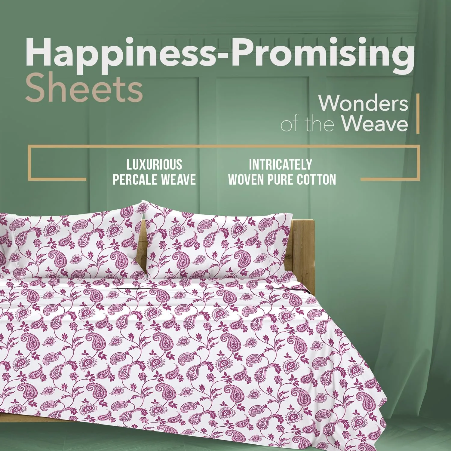 TEXAS LINEN CO. 100% Organic Cotton Percale Sheets King Size - 4 PC Organic Cotton King Size Percale Printed Sheet Sets, Soft, Crisp, Cooling Sheets, 16" Deep Pocket Hotel Bedding Set - Paisley