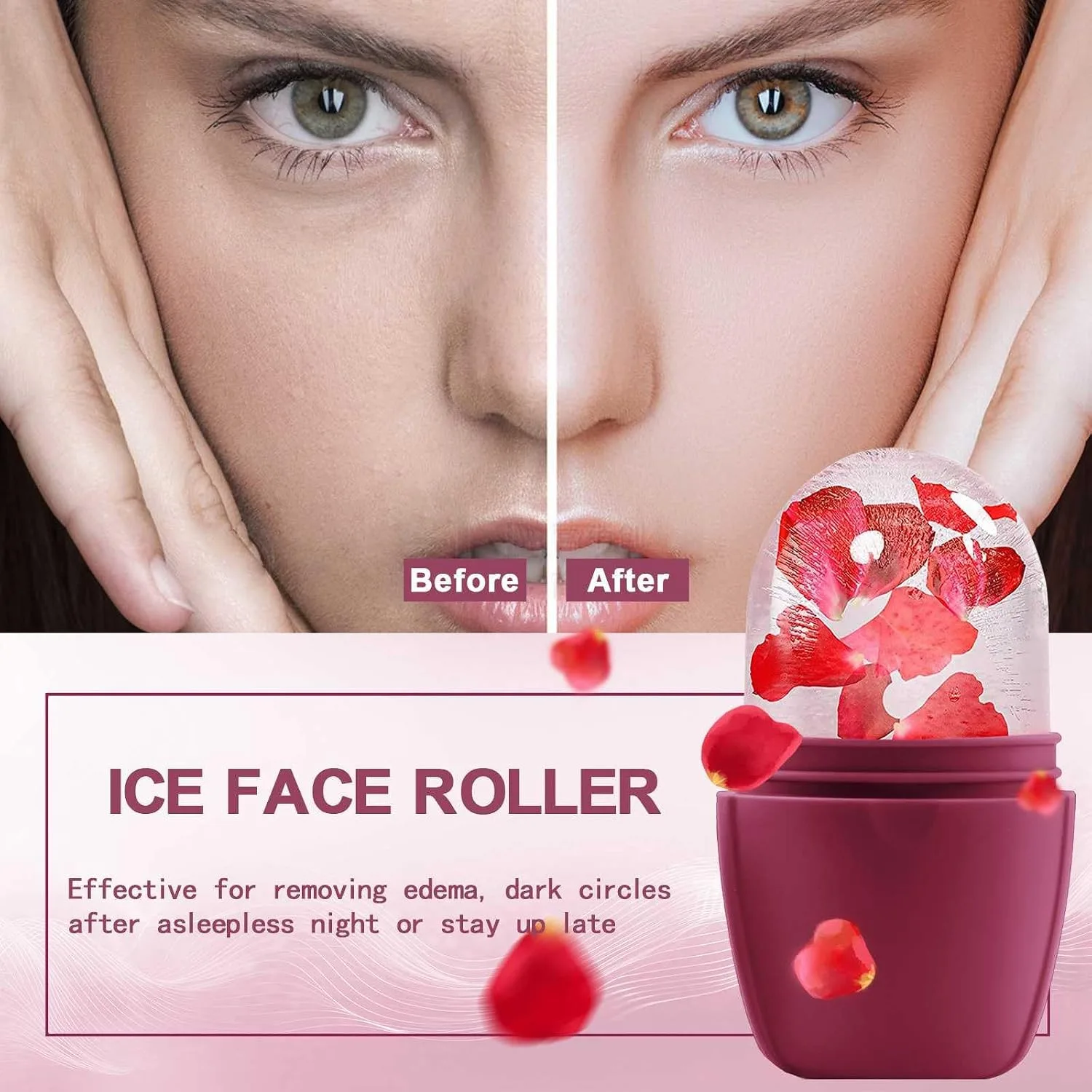 XHJRI Ice Face Roller Massager,Ice Cube Roller for Face, Eyes and Neck Naturally Conditioning and Skin Care,De-Puff Eye Bags,Reduce Migraine Pain,Reusable Massage Silicone Ice Mold (Upgrade Rose)