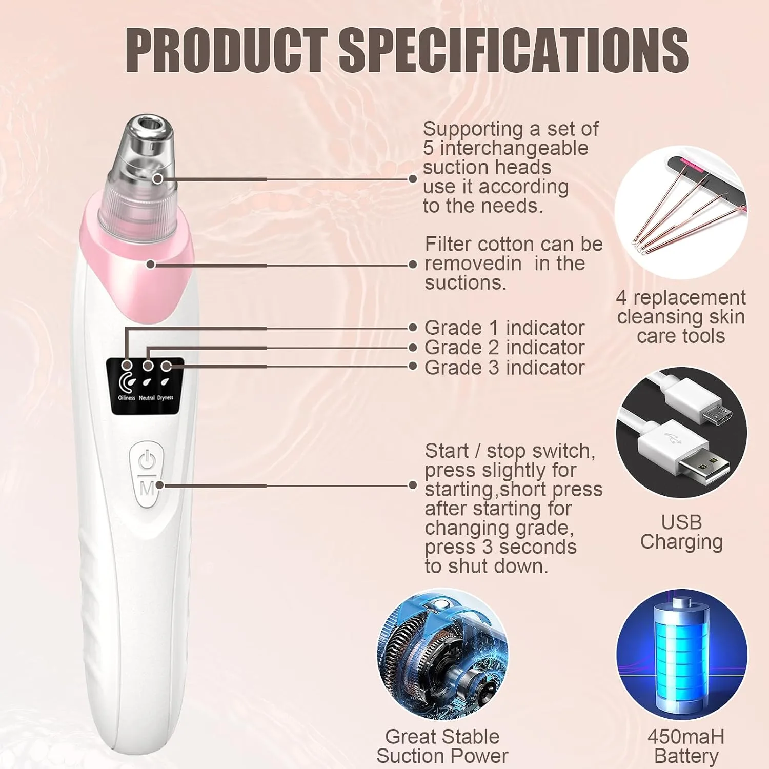 Blackhead Remover Pore Vacuum,Facial Pore Cleaner Blackhead Vacuum (Pink)