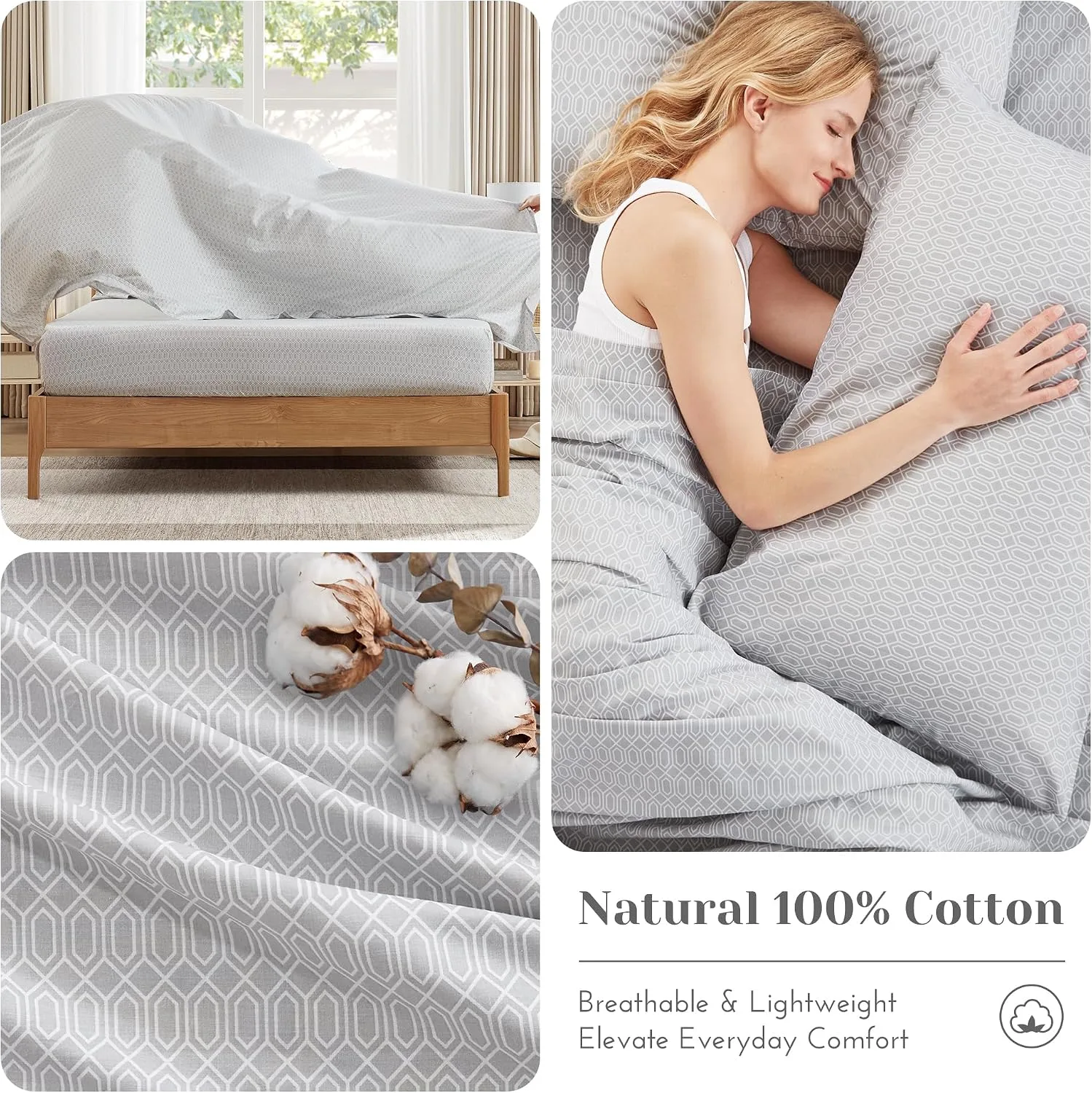 Comfort Spaces 100% Cotton Percale Sheets Queen Size 4 Piece, Diamond Grey