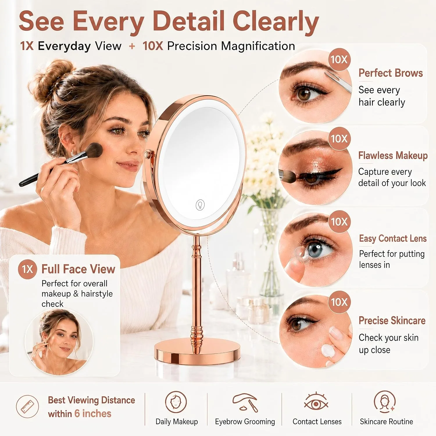 DEIOVWXS Makeup Mirror, Rechargeable Vanity Mirror with 3 Lights, 1X/10X