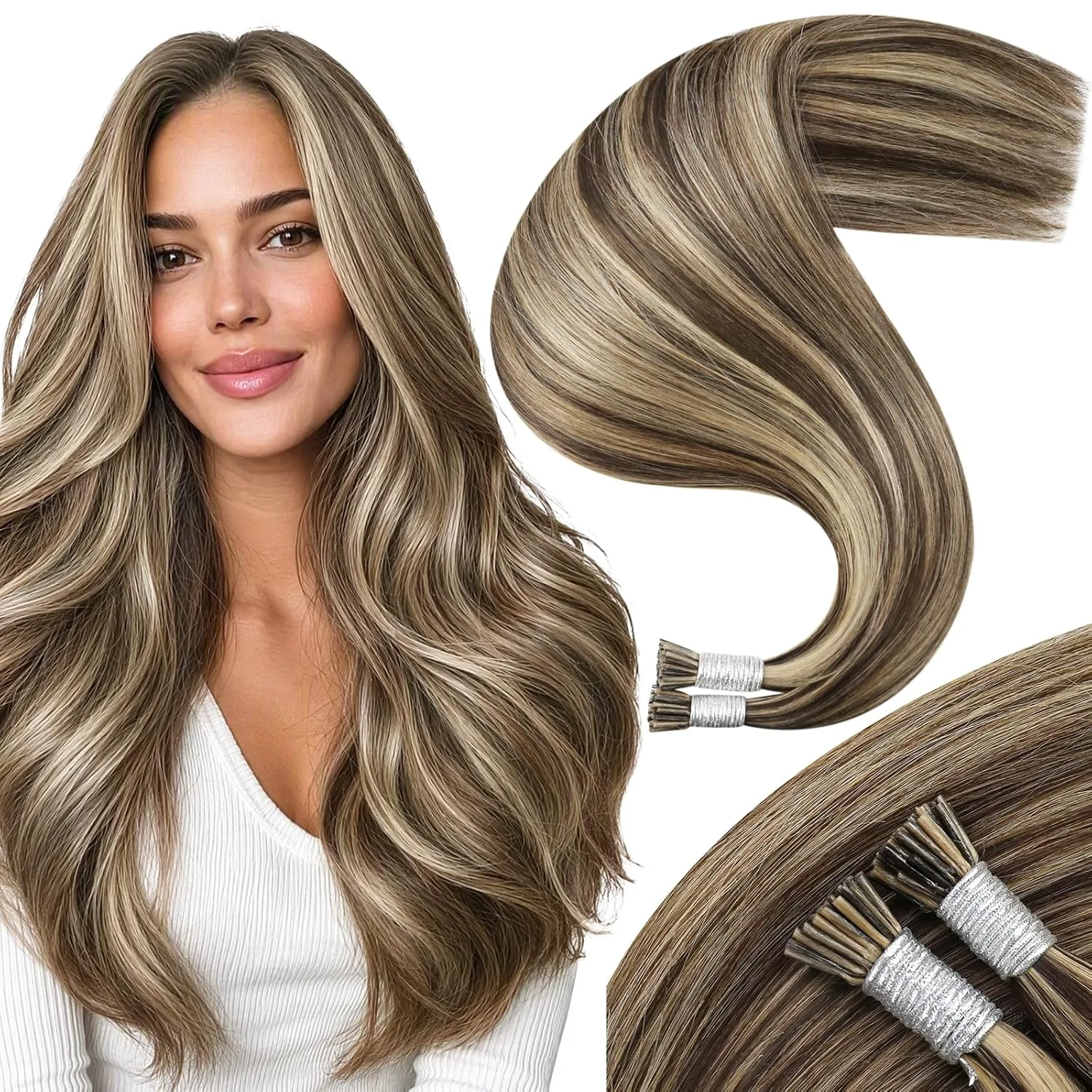 Moresoo I Tip Hair Extensions Human Hair, Brown Caramel Highlight, 20 Inch