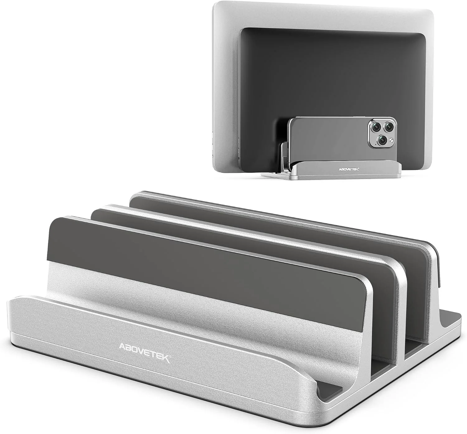 AboveTEK Vertical Laptop Stand, 3 Slots Aluminum Desk Laptop Holder & Laptop Docking Station Stand for MacBook, Tablet, Phone - Universal Fit (Up to 17.3") - Heavy Duty Polished, Anti Slide - Silver