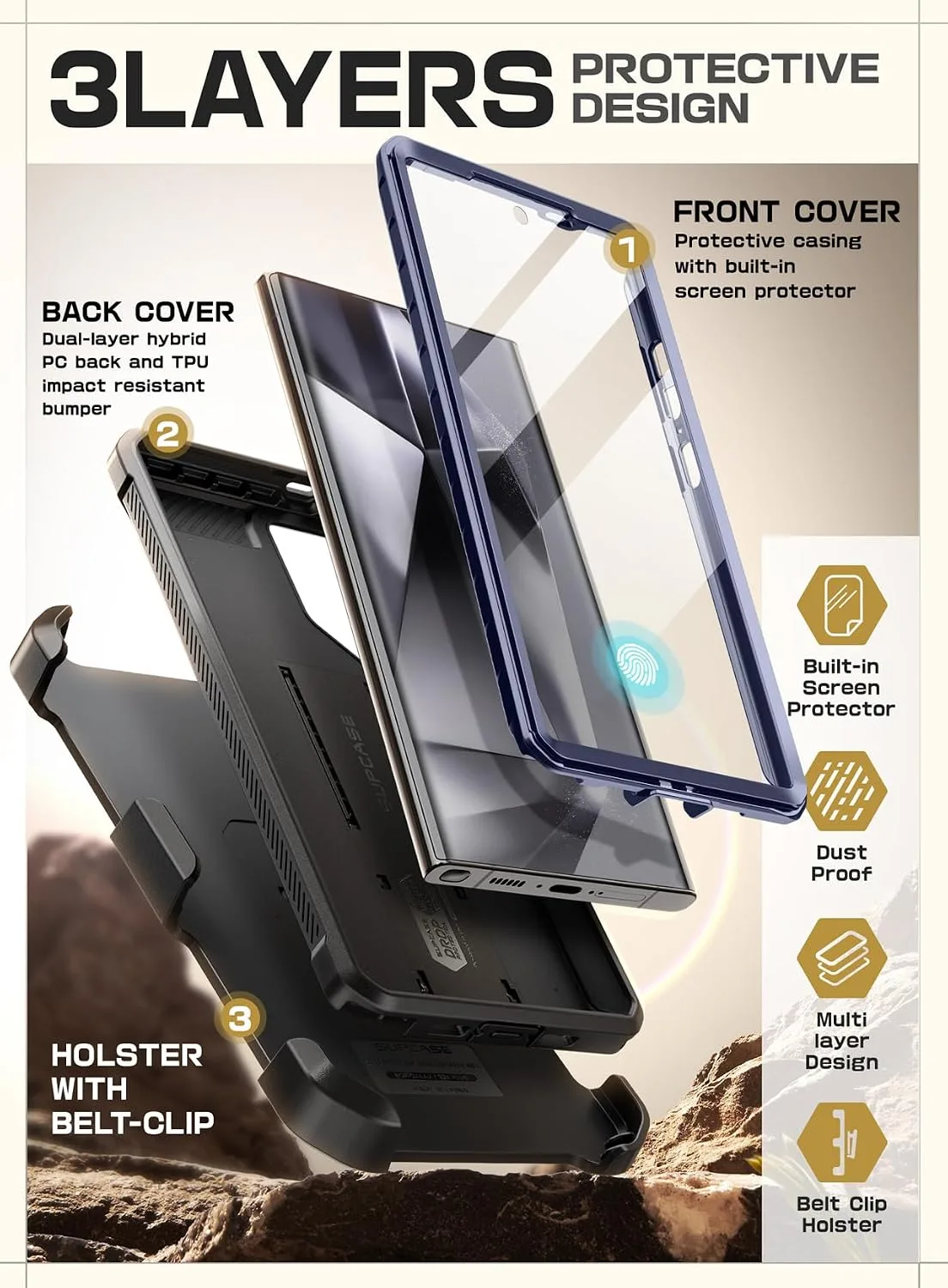 SUPCASE for Galaxy S24 Ultra Case with Built-in Screen Protector, BlueWave
