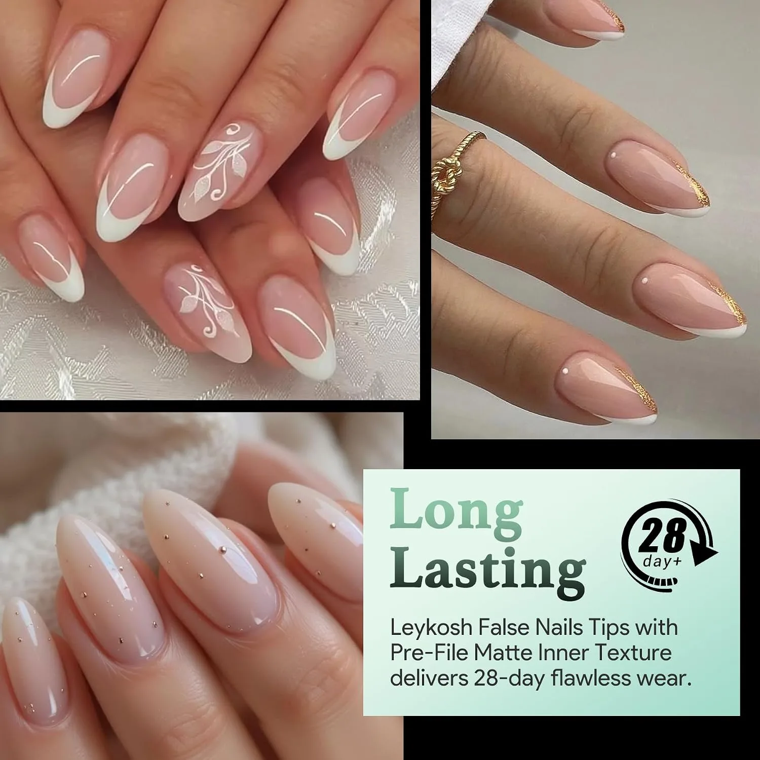 LEYKOSH Short Almond Nail Tips, 240 Pcs Clear Gel Fake Nails, 15 Sizes