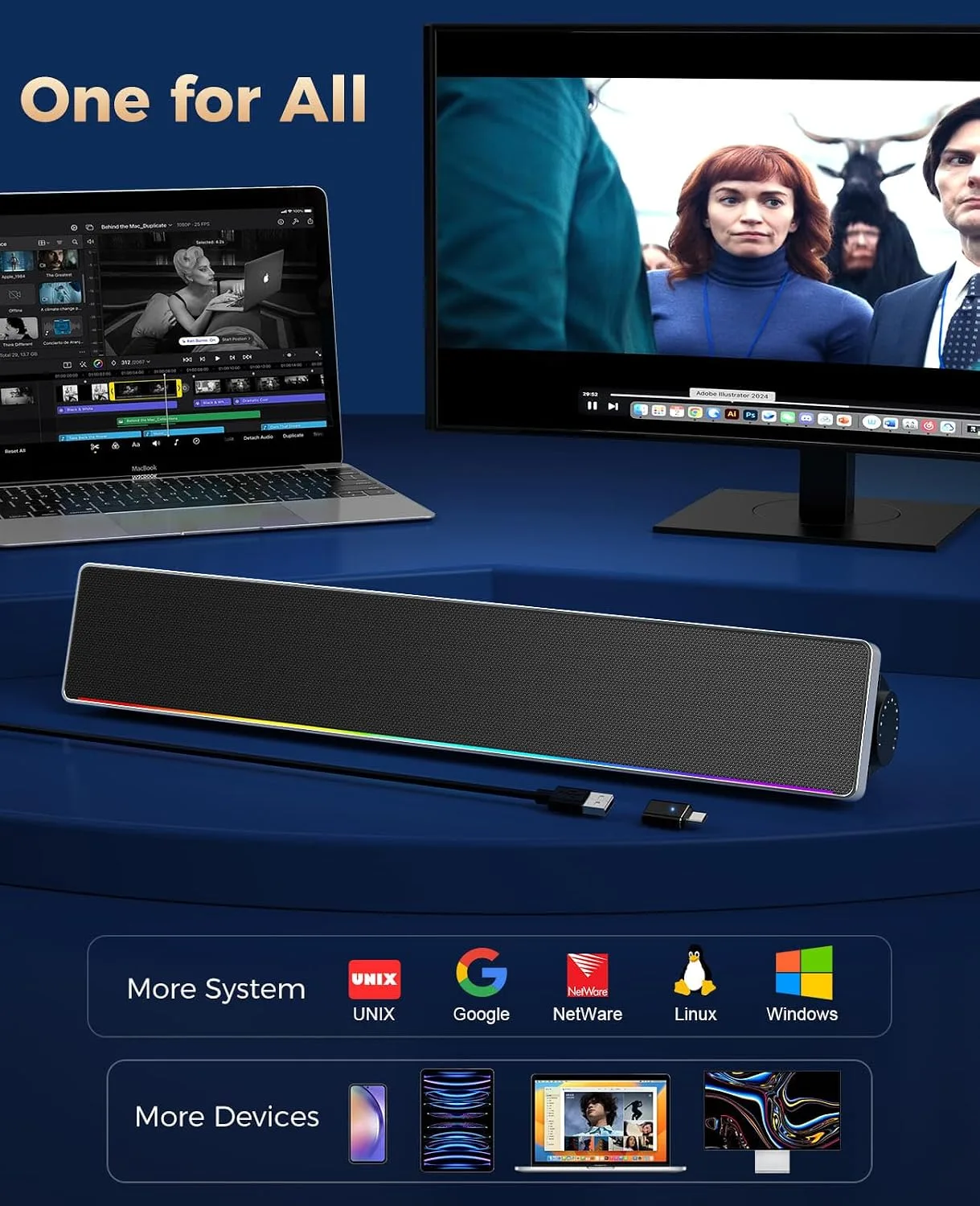 Kunodi USB Computer Speakers for Desktop PC, Stereo External Speakers with Dynamic Lights, Plug and Play, Easy Buttons, USB/USB C Powered Sound Bar for Desktop & Laptop, Desk