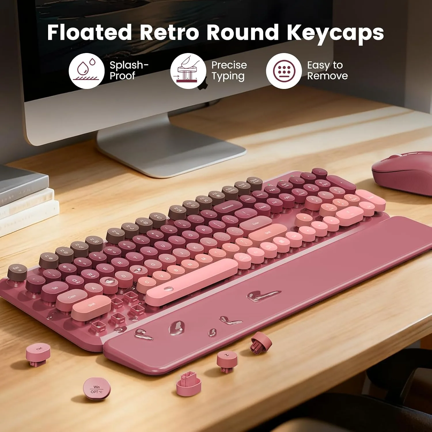 Wireless Keyboard and Mouse Combo, Magnetic Wrist Rest, Dusty Rose Ombre