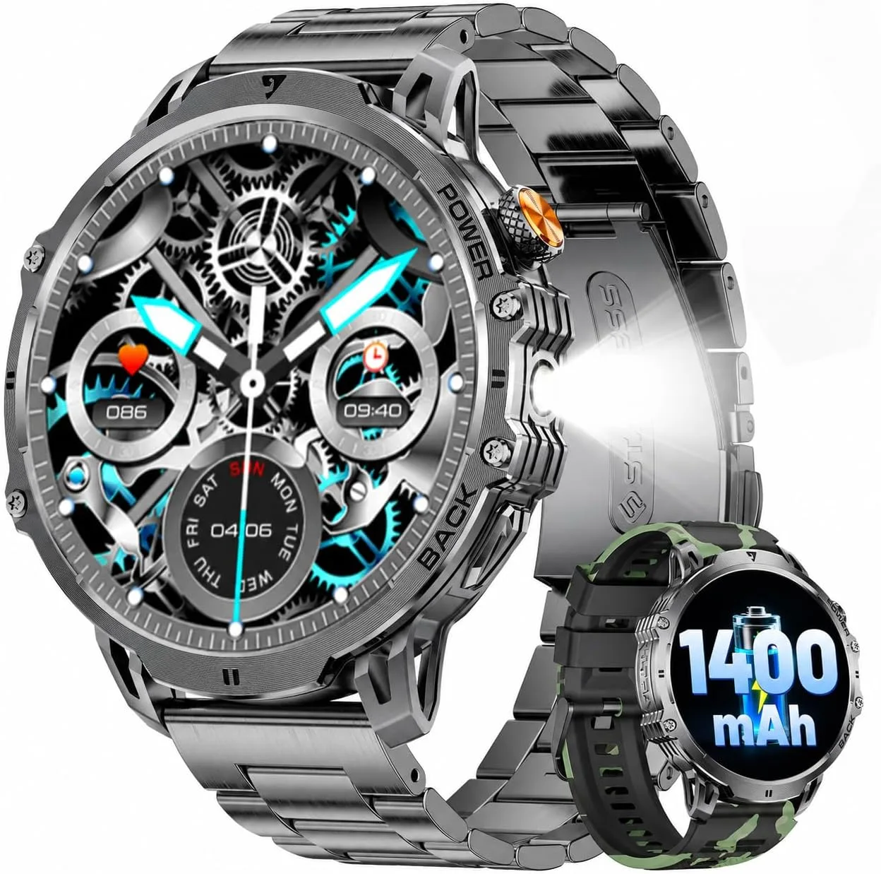 LIGE Military Smart Watches for Men(2 Bands), 1400mAh/1.85" HD Large Screen