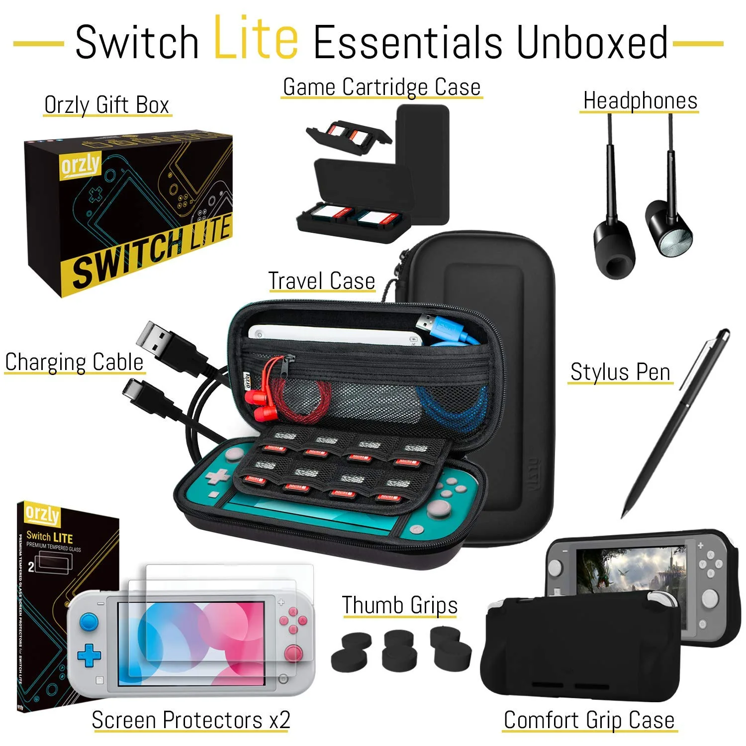 Orzly Switch Lite Accessories Bundle - Case & Screen Protector for Nintendo Switch Lite Console, USB Cable, Games Holder, Comfort Grip Case, Headphones, Thumb-Grip Pack & More (Orzly Gift Pack)