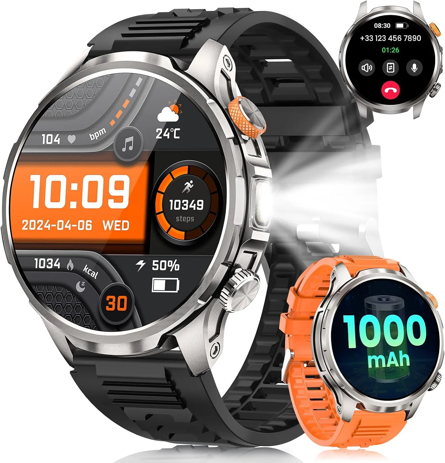Military Smartwatch for Men 1000mAh Fitness Tracker Rugged Men Watch 2Bands