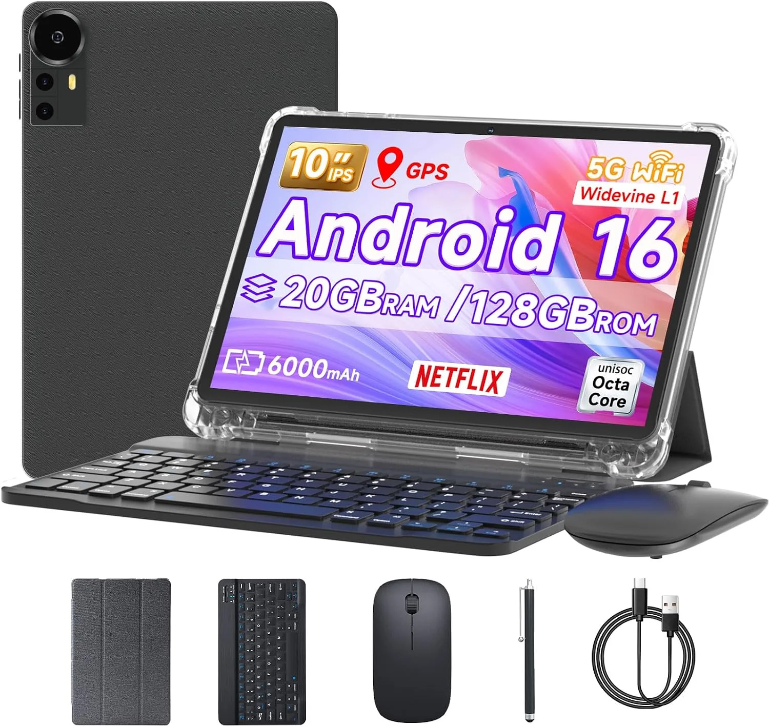 DIGITHINK 128GB Tablet PC 10 inch Android 16.0, Android Tablets, DDR4 4GB RAM+16GB Extend 20GB ROM 128GB Memory 2MP+8MP Dual Camera, 2.4G+5G WiFi, Bluetooth 1TB Expand 10.1“ IPS Tab (Black)