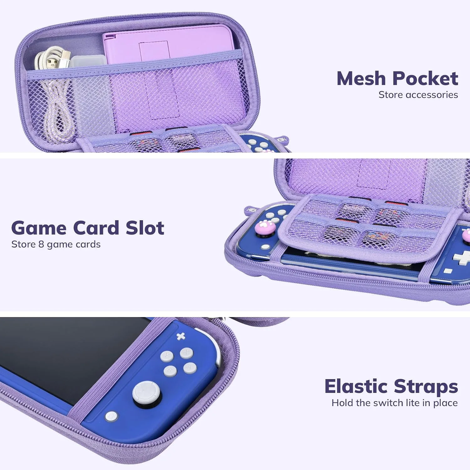 Younik Switch Lite Case, Portable Switch Lite Carrying Case, 14 in 1 Accessories Kit with Carrying Case, Protective Cover, Game Card Case, Screen Protectors, Thumb Grips, Pendant and straps (Purple)