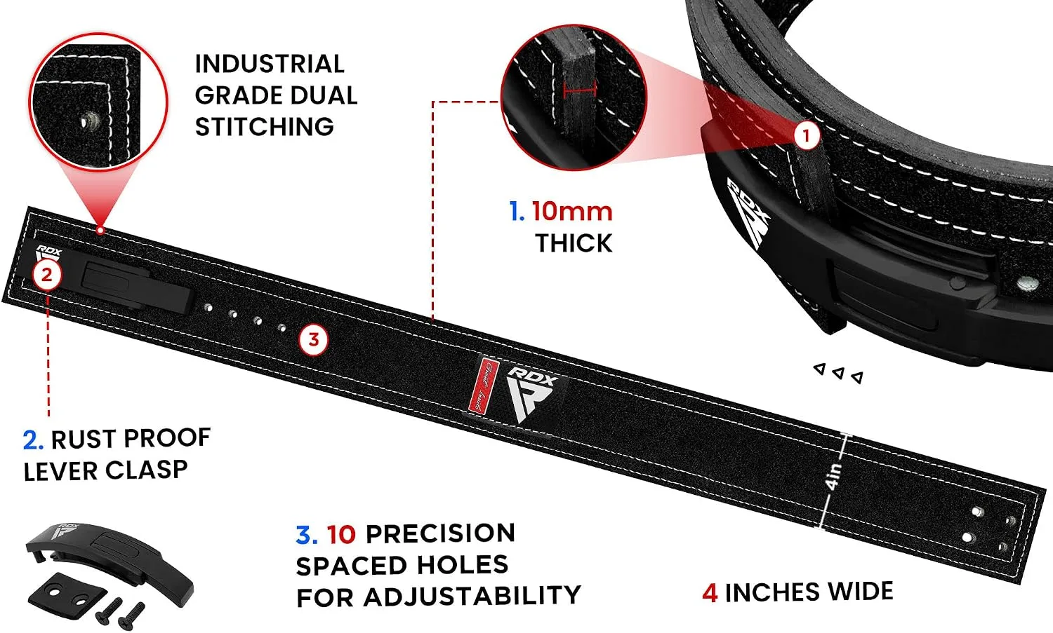RDX Weight Lifting Belt Powerlifting, Approved By IPL and USPA, 10mm Thick 4" Leather Lumbar Back Support, Lever Buckle Gym Strength Training Equipment, Bodybuilding Deadlifts Squats Workout Men Women
