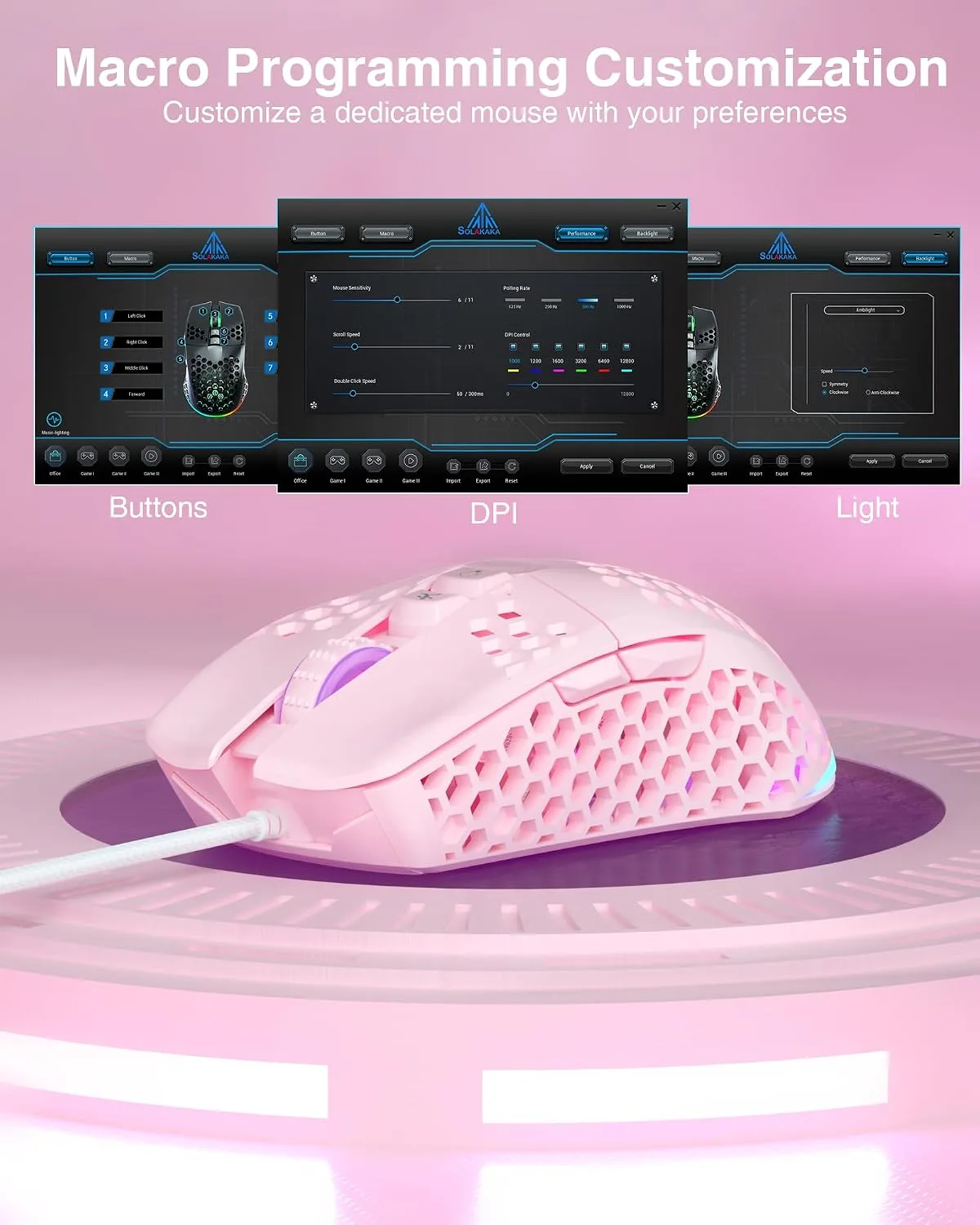 SOLAKAKA SM900 Wired Gaming Mouse with Honeycomb Shell,12800 DPI,7 Programmable Buttons,Lightweight Gaming Mice Ergonomic Computer Mouse Gaming for Windows/PC/Mac/Laptop Gamer (Pink)