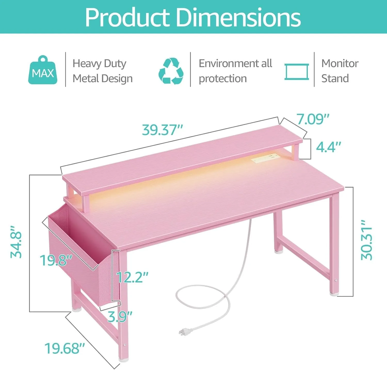 Lufeiya Girls Desk with Power Outlets and LED Lights, 40 Inch Gaming Desk Table with Charging Station, Home Office Computer Desks with Monitor, Pink