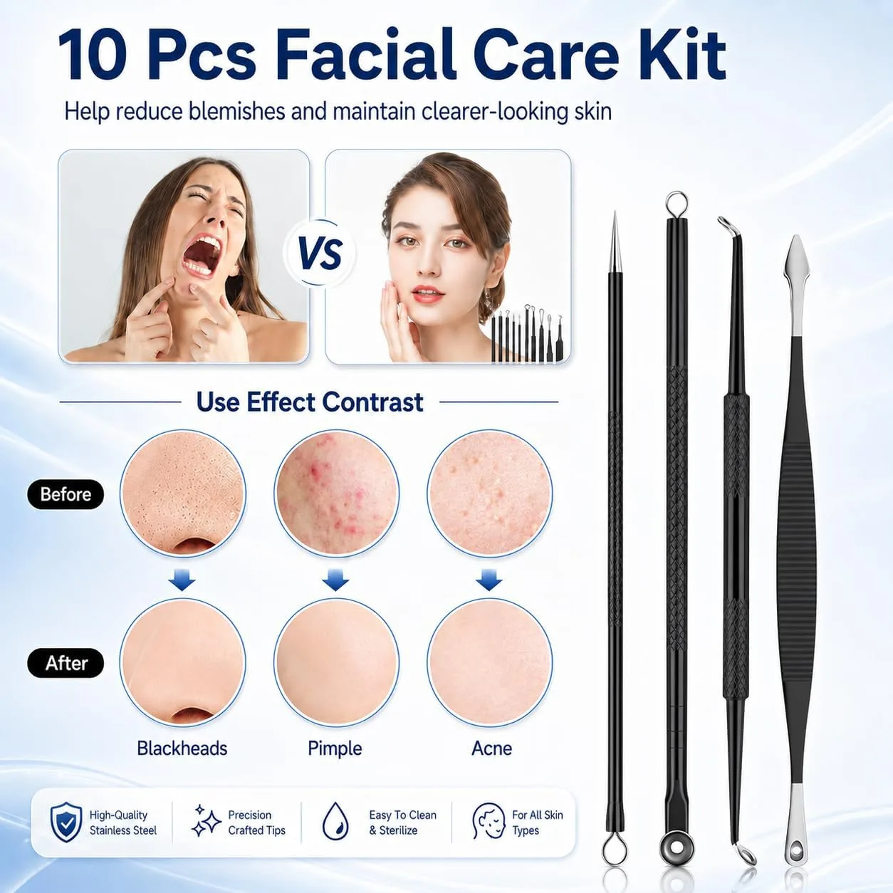 MENOLY Pimple Popper Tool Kit 10 Pcs Blackhead Remover Tool Zit Popper for Blemish, Pimple Comedone Extractor Acne Tool for Blackheads, Acnes, Whiteheads Nose Face Tools with Leather Bag