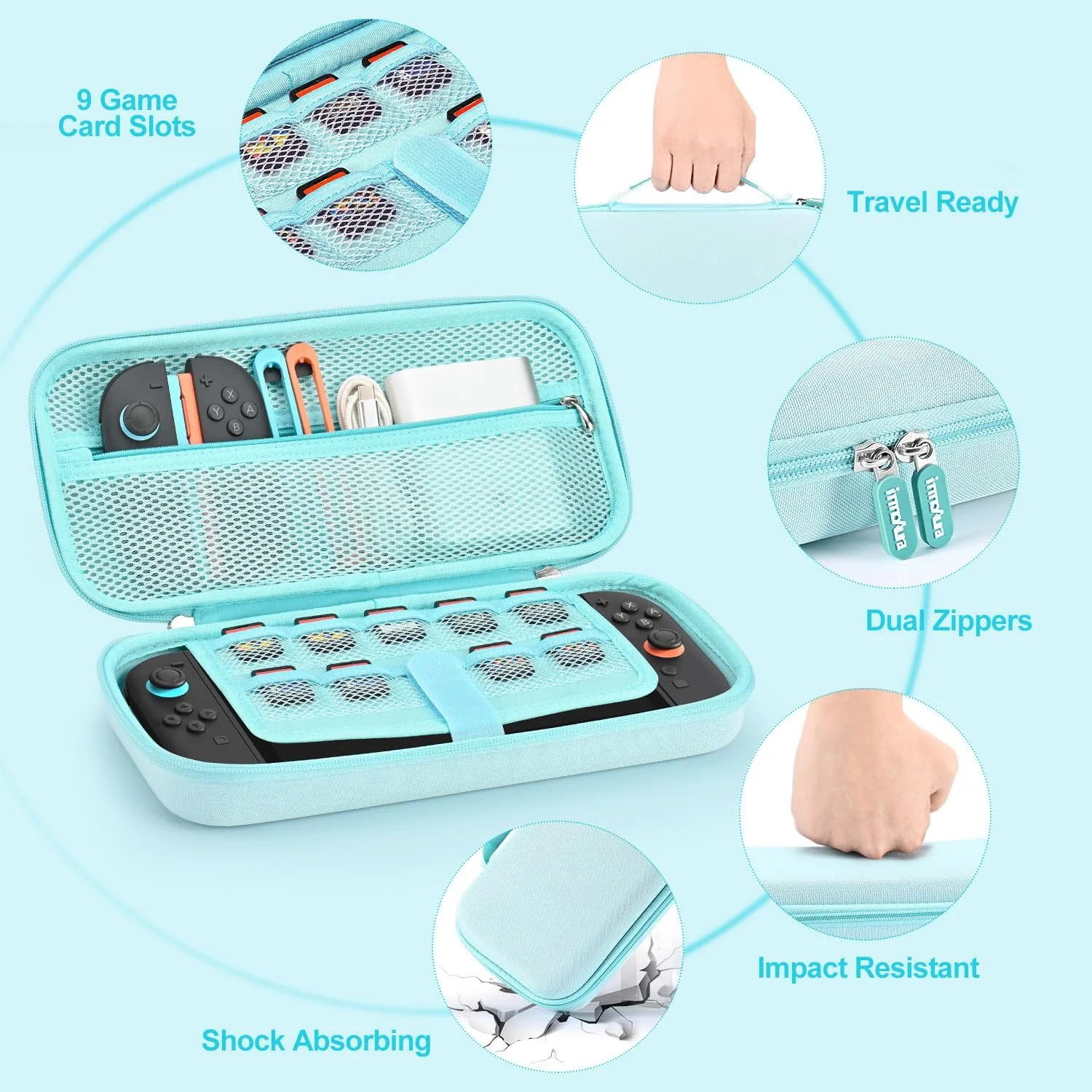 innoAura Switch 2 Carrying Case for NS Switch 2 (2025), with 9 Game Card Slots, Protective Travel Storage Case, Cute Pendant and Sticker, Blue