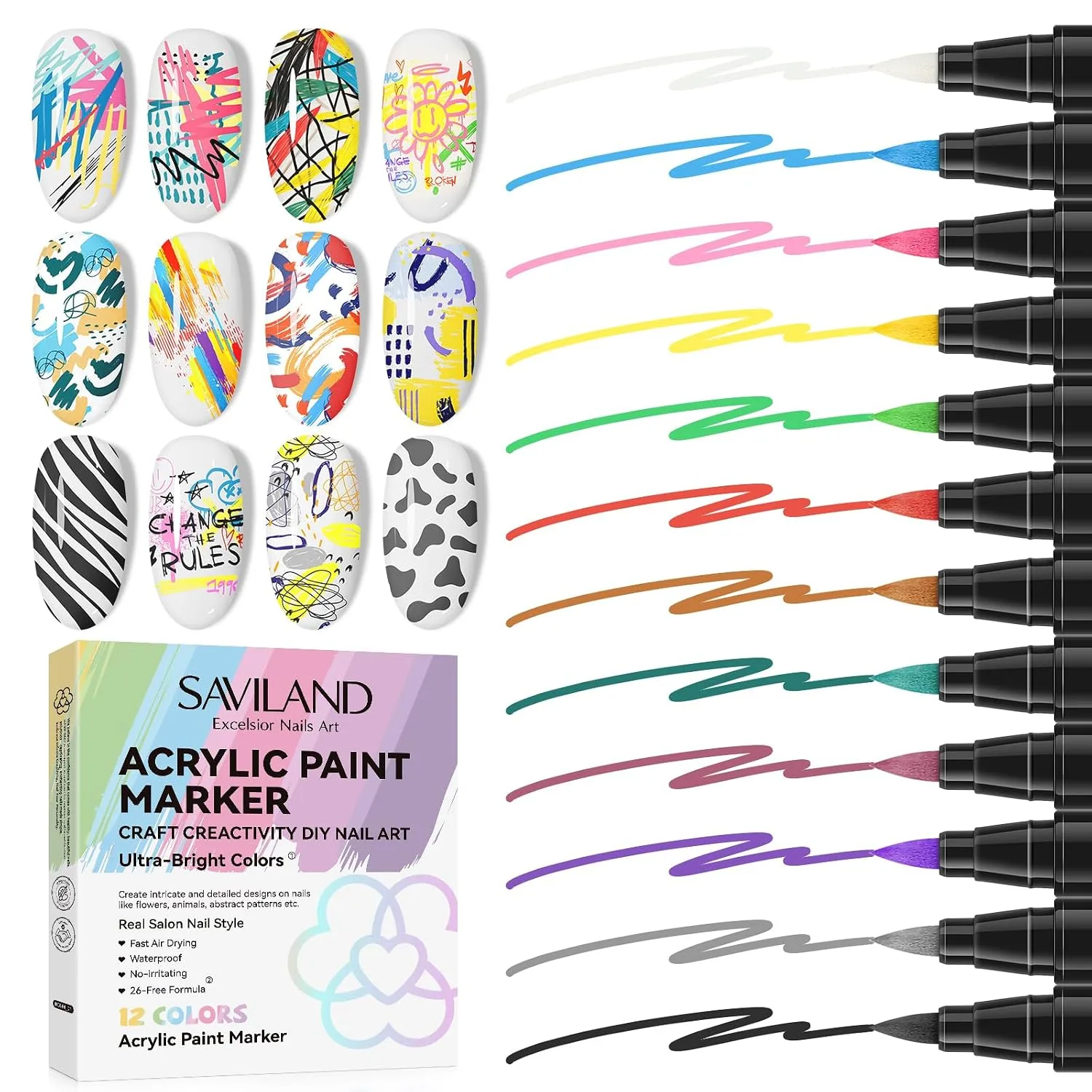 SAVILAND 12 Colors Nail Art Pens Set, 0.5mm Fine Tip Nail Polish Pens
