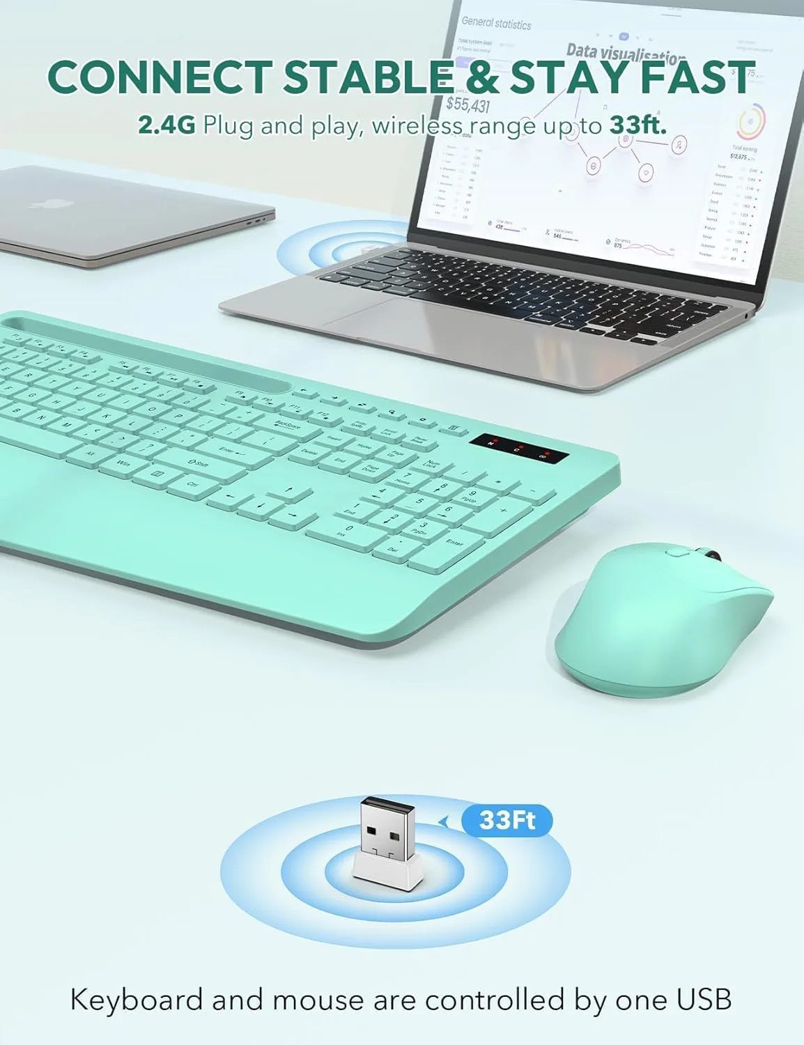 SABLUTE Wireless Keyboard and Mouse Combo, 2.4GHz, Ergonomic Wrist Rest