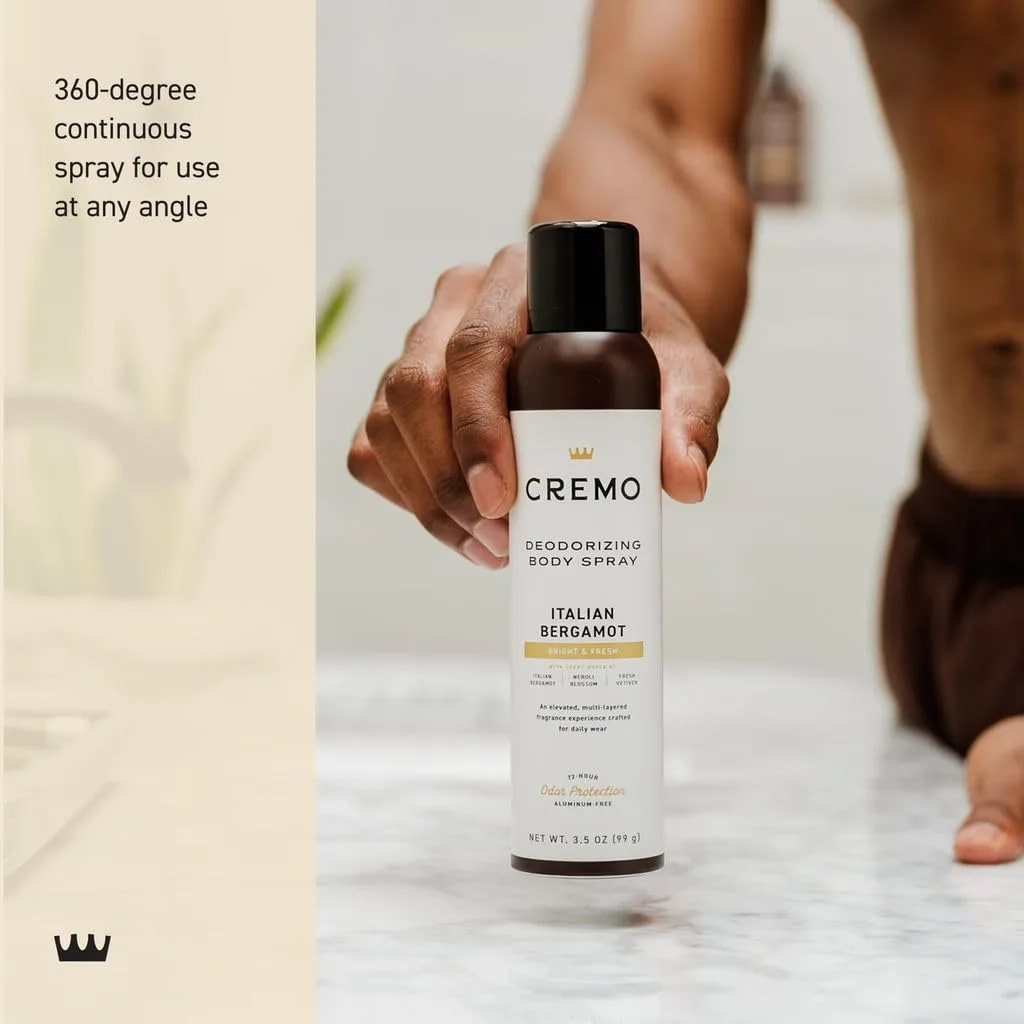 Cremo Deodorizing Body Spray for Men, Italian Bergamot, 3.5 Fl OZ