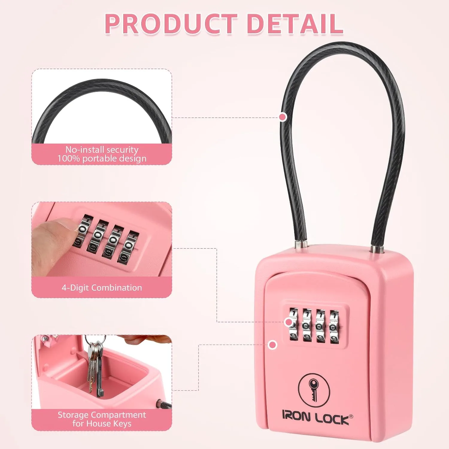 Iron Lock® Key Lock Box with Code, Portable Cable Shackle (Small, Pink)