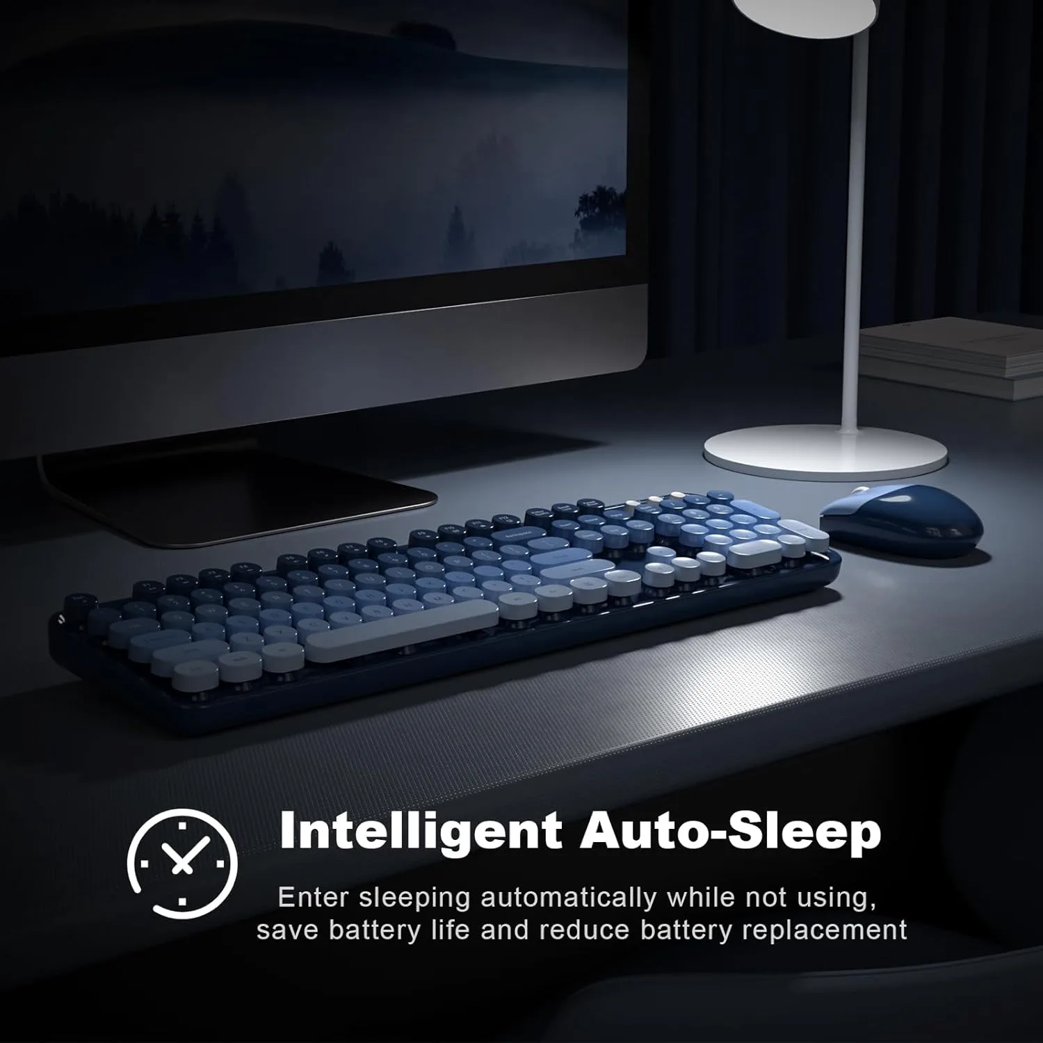MOFII Wireless Keyboard and Mouse Combo, Full Size 2.4G Plug and Play Typewriter Retro Round Computer Keyboard and Mouse Set for Windows, Computer, Desktop, PC, Notebook - (Sea Blue Gradient)